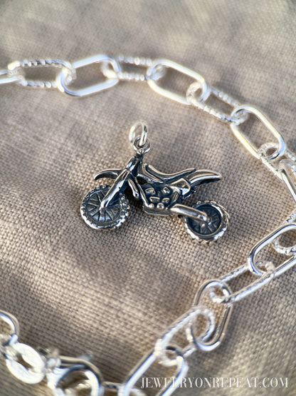 Sterling Silver Dirt Bike Charm Pendant, Motorsports Themed Minimalist Jewelry, Gift for Her