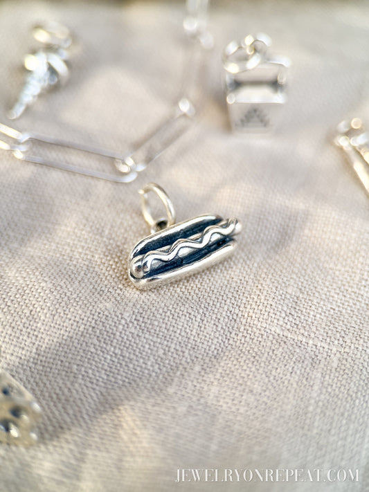 Hot Dog Charm Pendant in Solid Sterling Silver