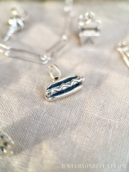 Sterling Silver Hot Dog Charm Pendant, Food Themed Minimalist Jewelry, Gift for Her