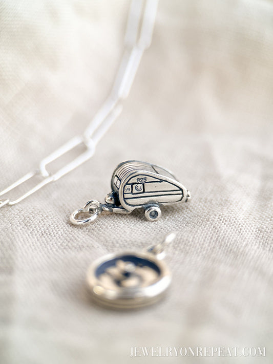 Sterling Silver Camper Charm Pendant, Travel Adventure Themed Minimalist Jewelry, Gift for Her