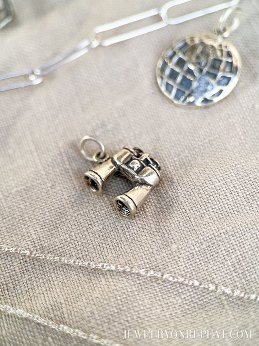 Sterling Silver Binoculars Charm Pendant, Travel and Adventure Themed Minimalist Jewelry, Gift for Her