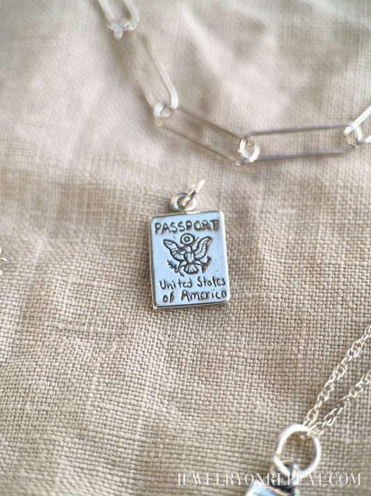 Sterling Silver Passport Charm Pendant, Travel Themed Minimalist Jewelry, Gift for Her