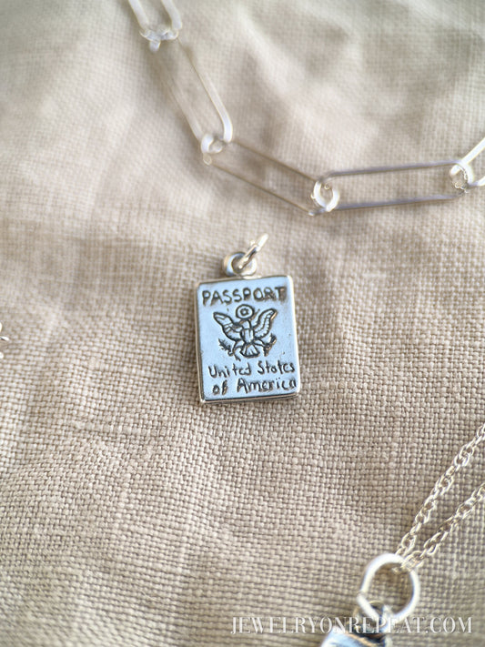 Sterling Silver Passport Charm Pendant, Travel Themed Minimalist Jewelry, Gift for Her