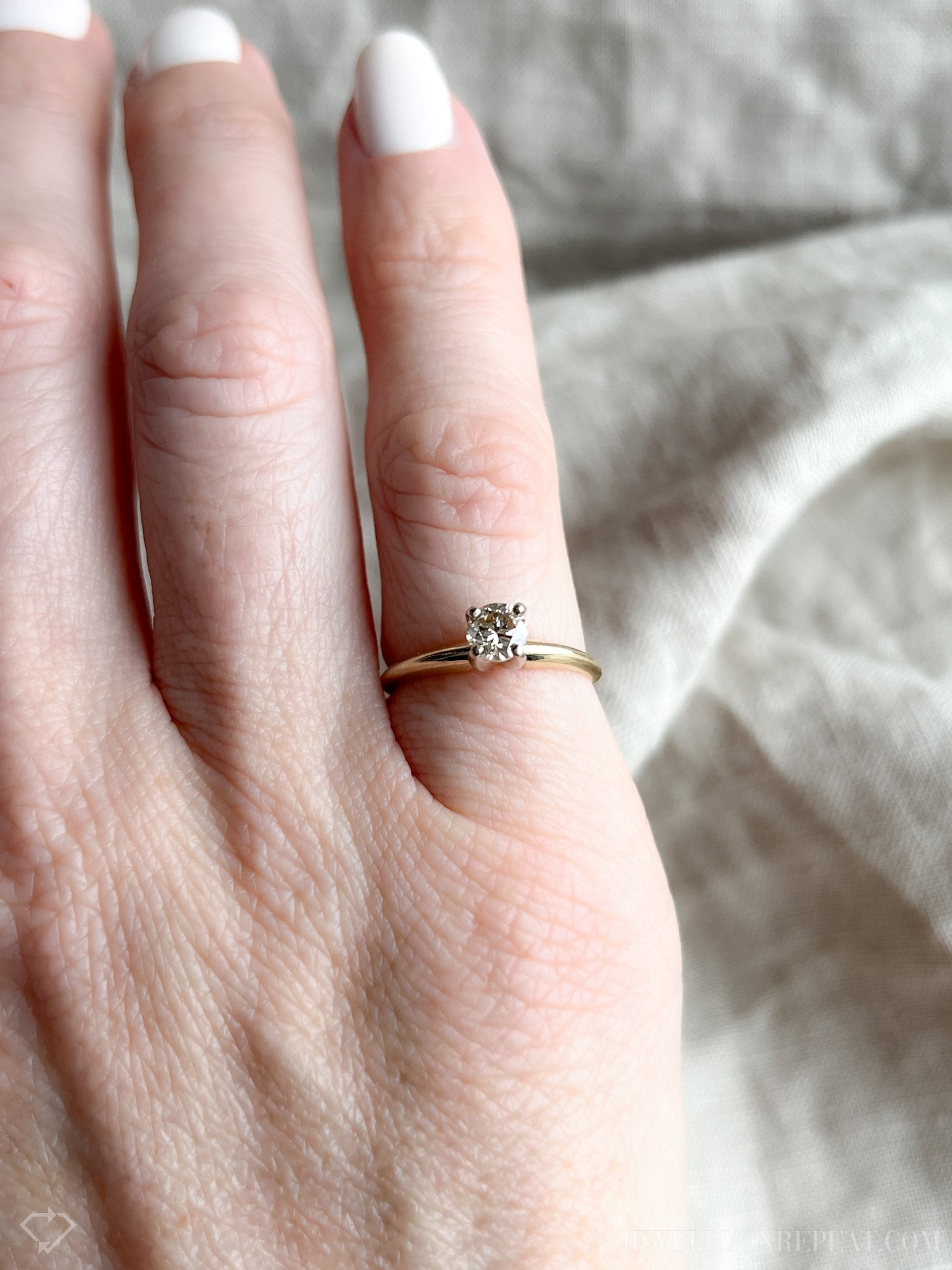 Vintage Diamond Engagement Ring, Round Cut, 14k Gold, 1990s Solitaire Champagne Bridal Ring