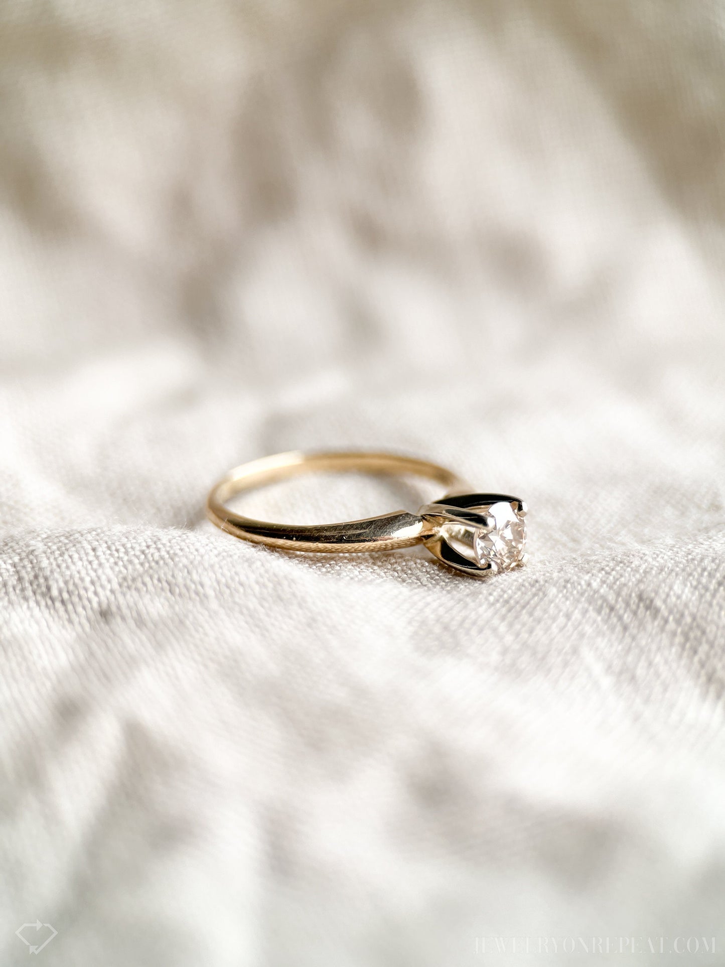 Vintage Diamond Engagement Ring, Round Cut, 14k Gold, 1990s Solitaire Champagne Bridal Ring