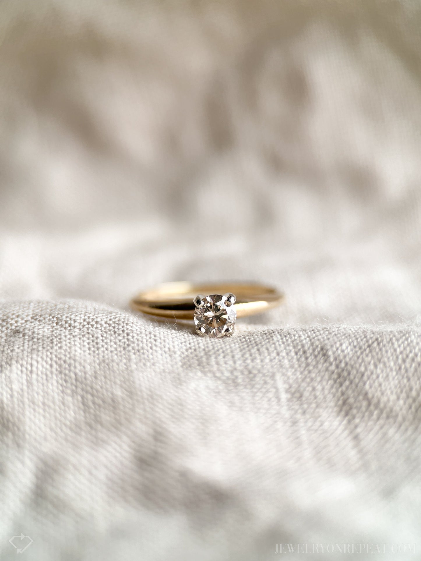 Vintage Diamond Engagement Ring, Round Cut, 14k Gold, 1990s Solitaire Champagne Bridal Ring