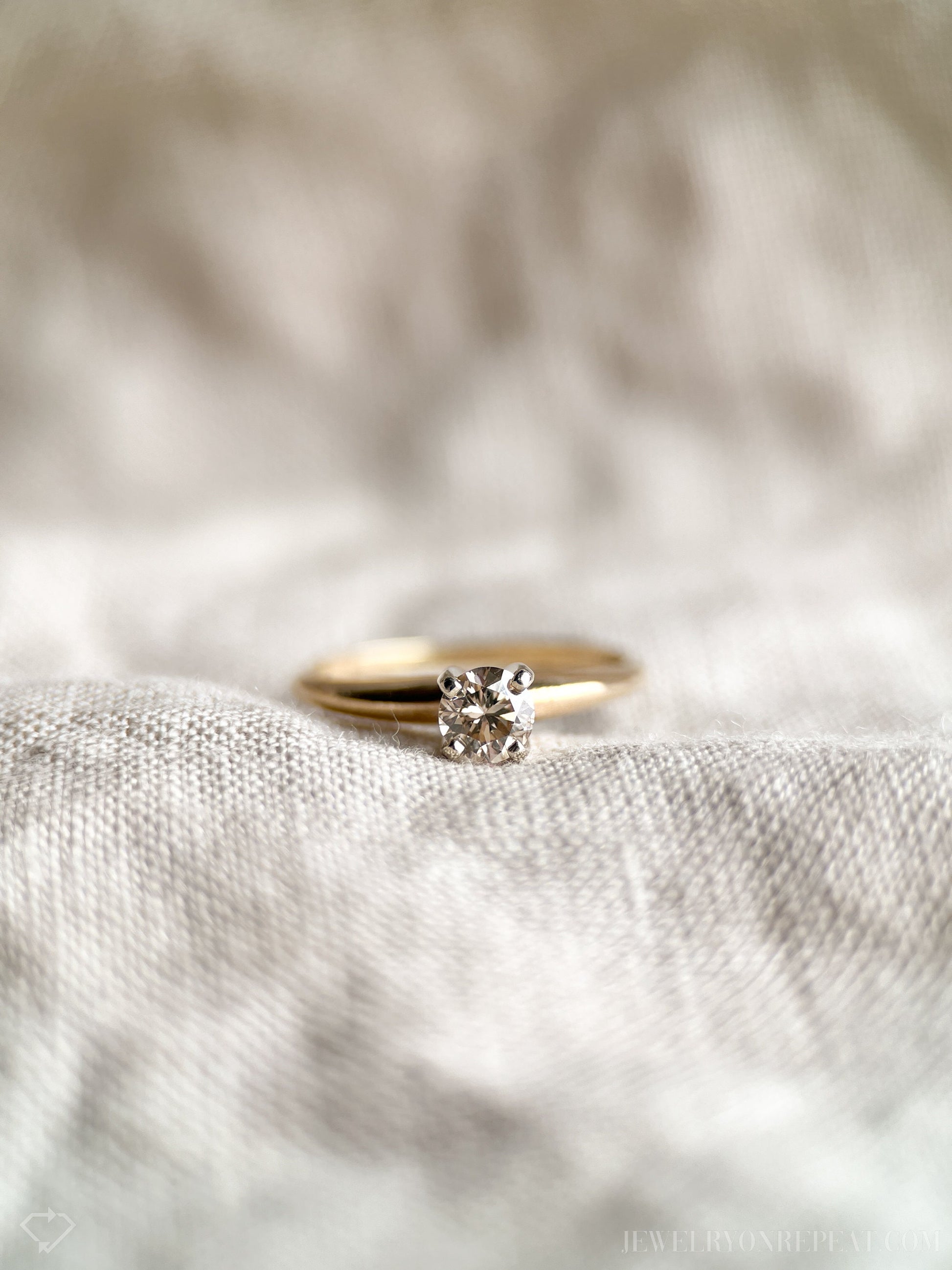Vintage Diamond Engagement Ring, Round Cut, 14k Gold, 1990s Solitaire Champagne Bridal Ring