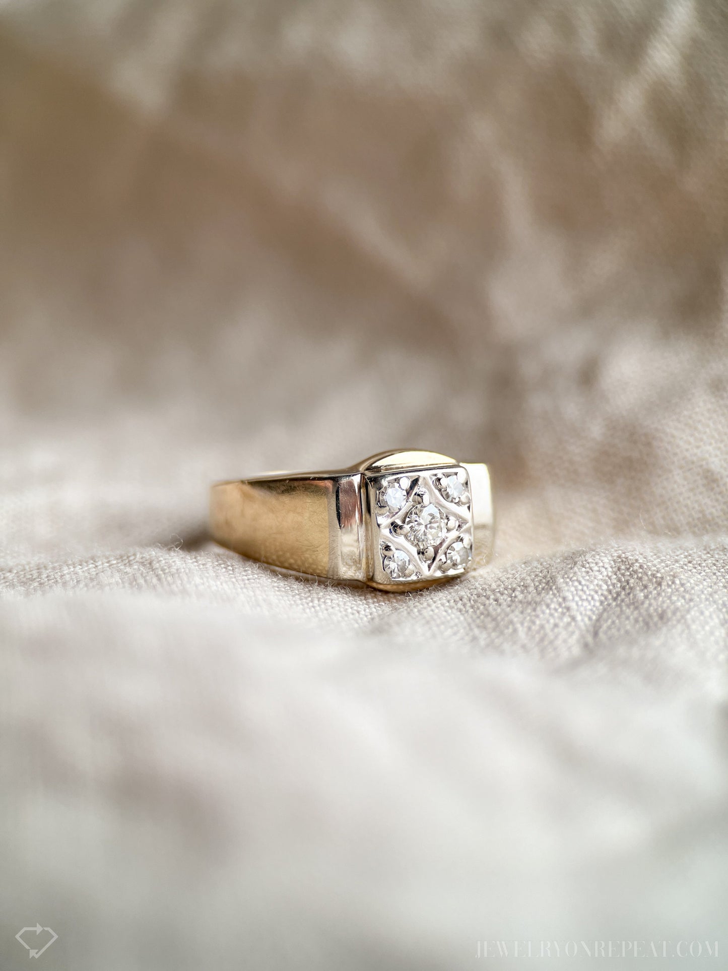 Vintage Diamond Engagement Ring, Round Cut, 14k Gold, 1950s Art Deco Signet Wedding Ring