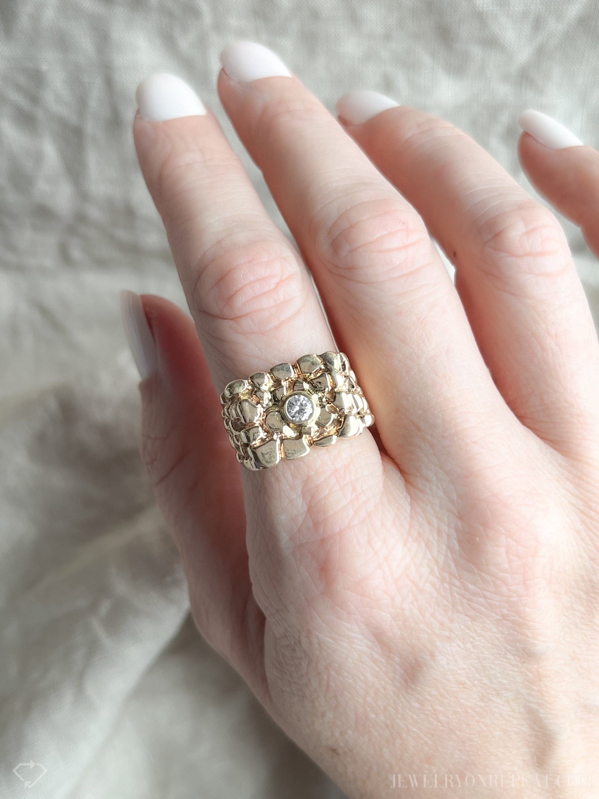 Vintage 1970s Diamond Nugget Style Statement Ring, 14k Gold