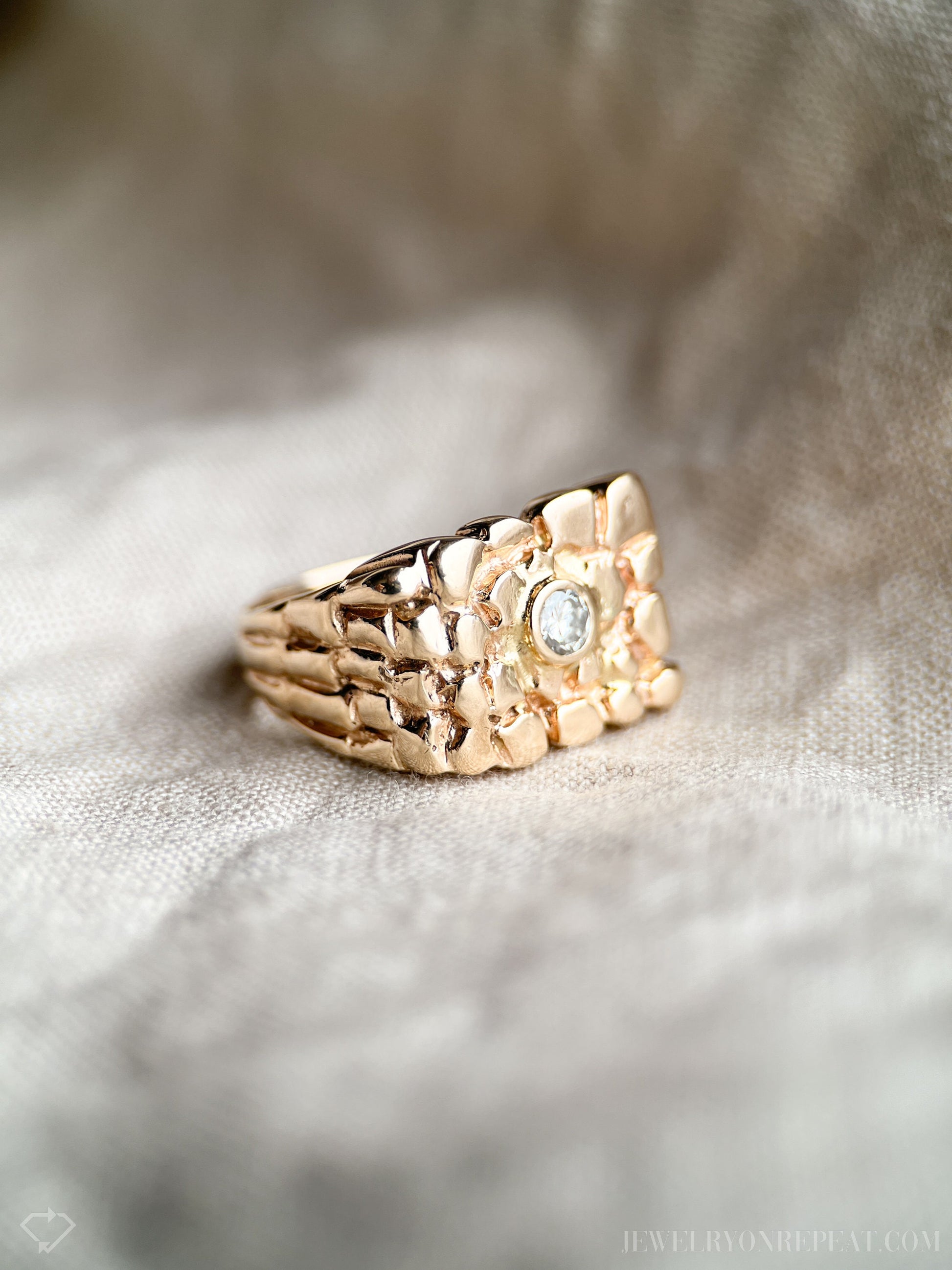 Vintage Mens Diamond Nugget Style Statement Ring in 14k Gold