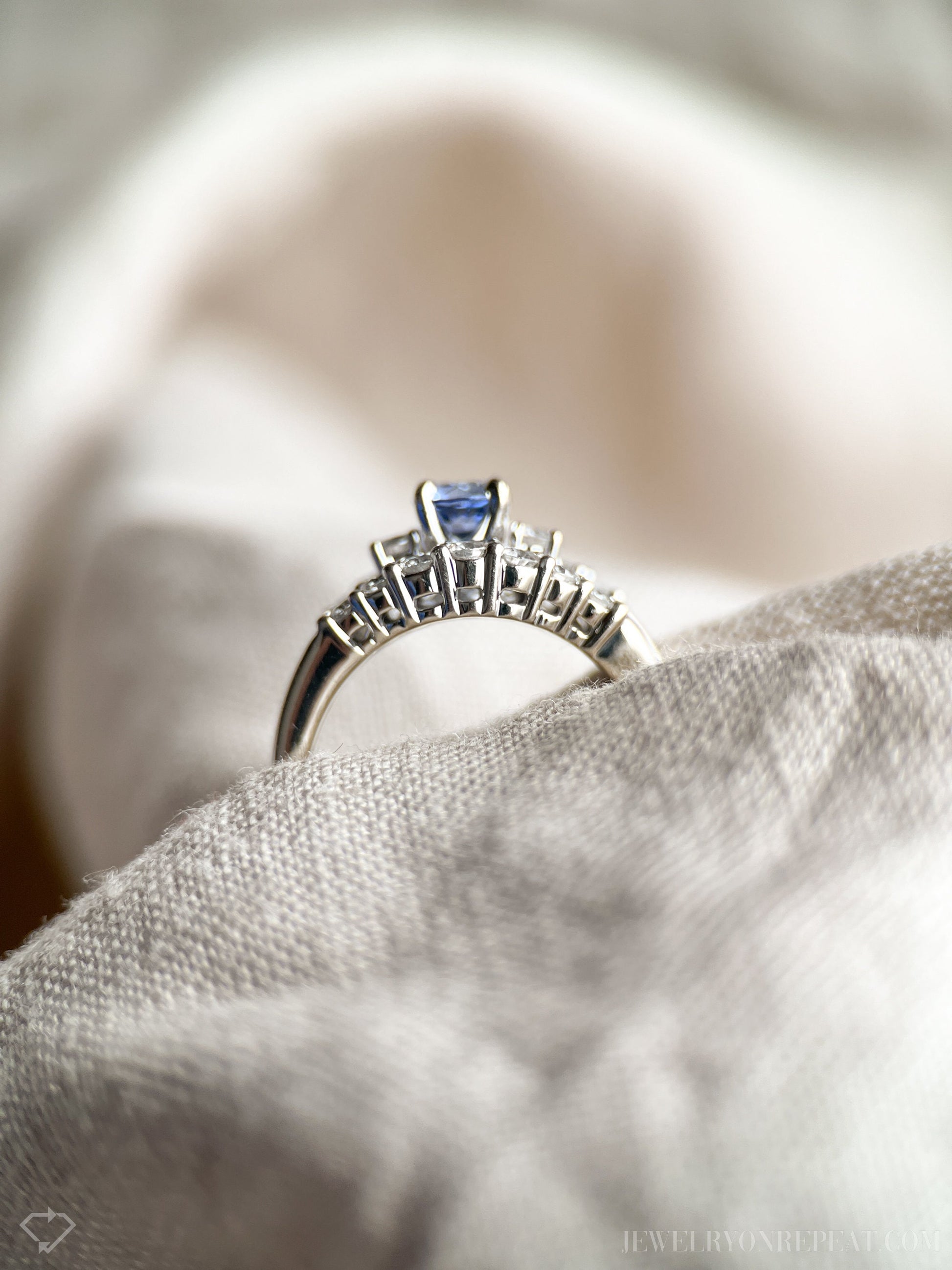Vintage Sapphire & Diamond Engagement Ring, Round Cut, 14k White Gold, 1990s Three-Stone Bridal Set