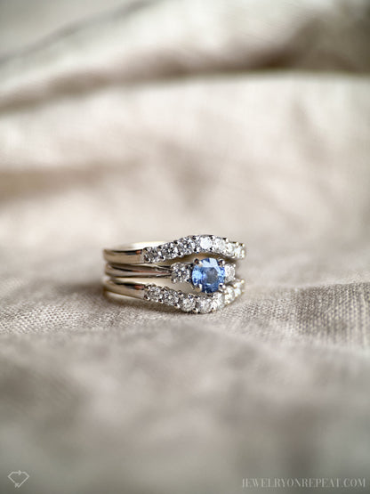 Vintage Sapphire & Diamond Engagement Ring, Round Cut, 14k White Gold, 1990s Three-Stone Bridal Set