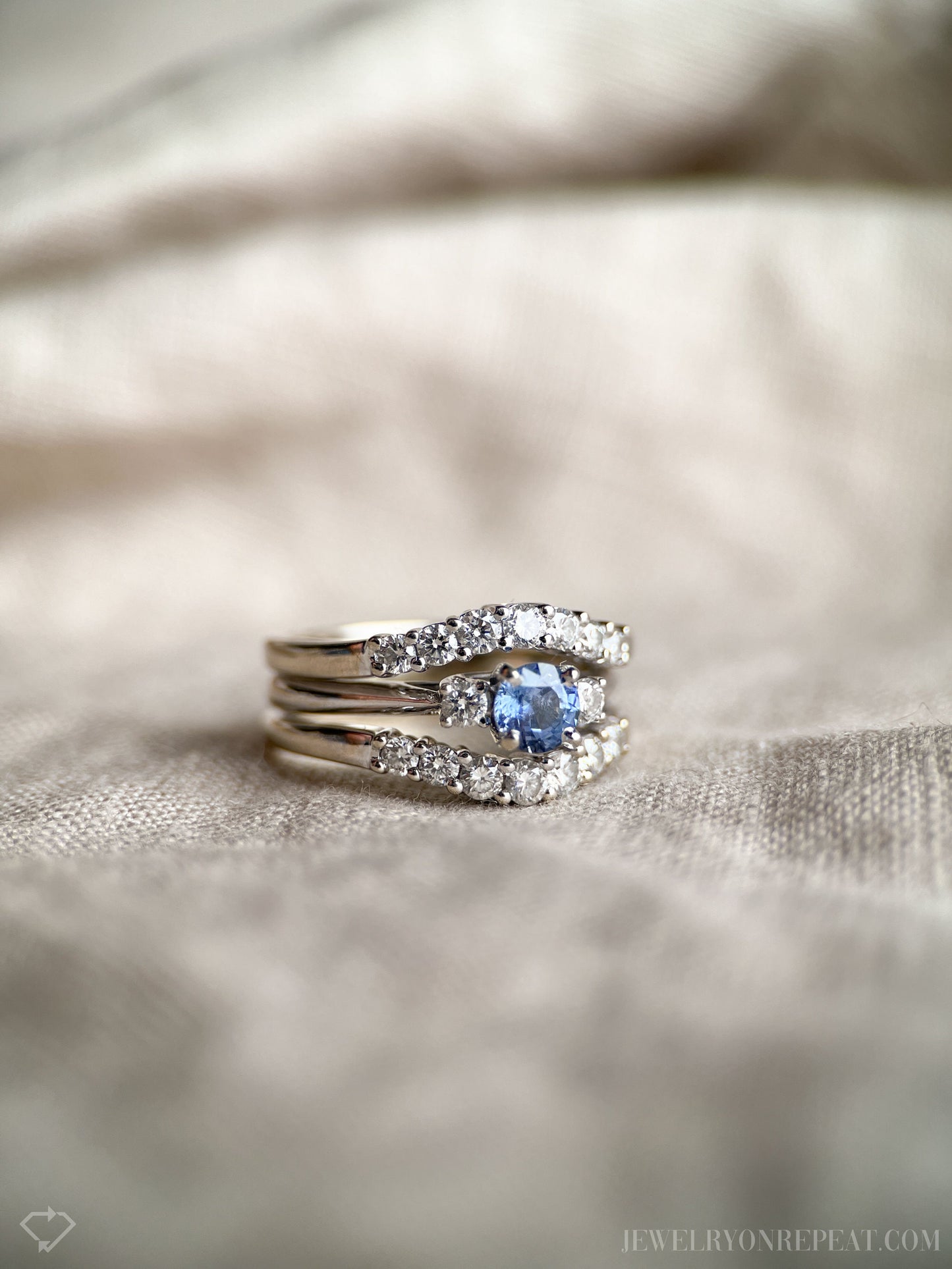 Vintage Sapphire & Diamond Engagement Ring, Round Cut, 14k White Gold, 1990s Three-Stone Bridal Set