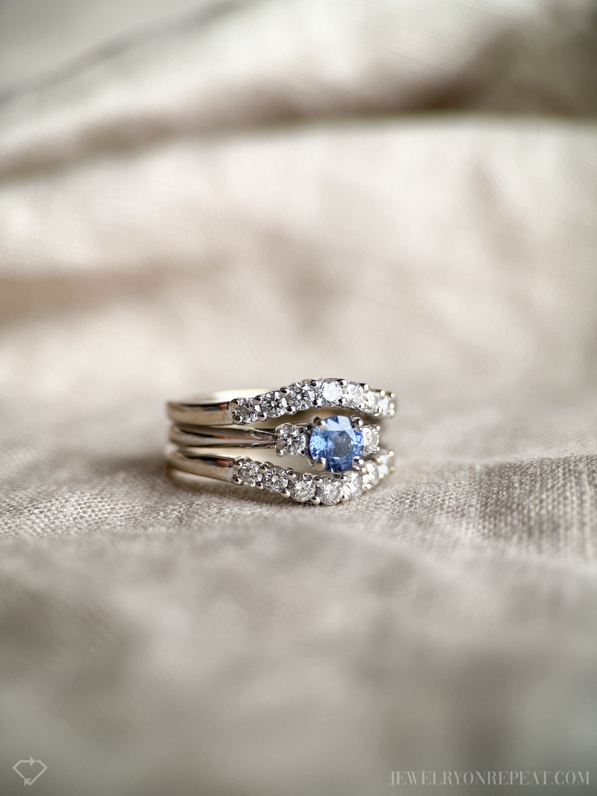 Vintage Sapphire & Diamond Engagement Ring, Round Cut, 14k White Gold, 1990s Three-Stone Bridal Set