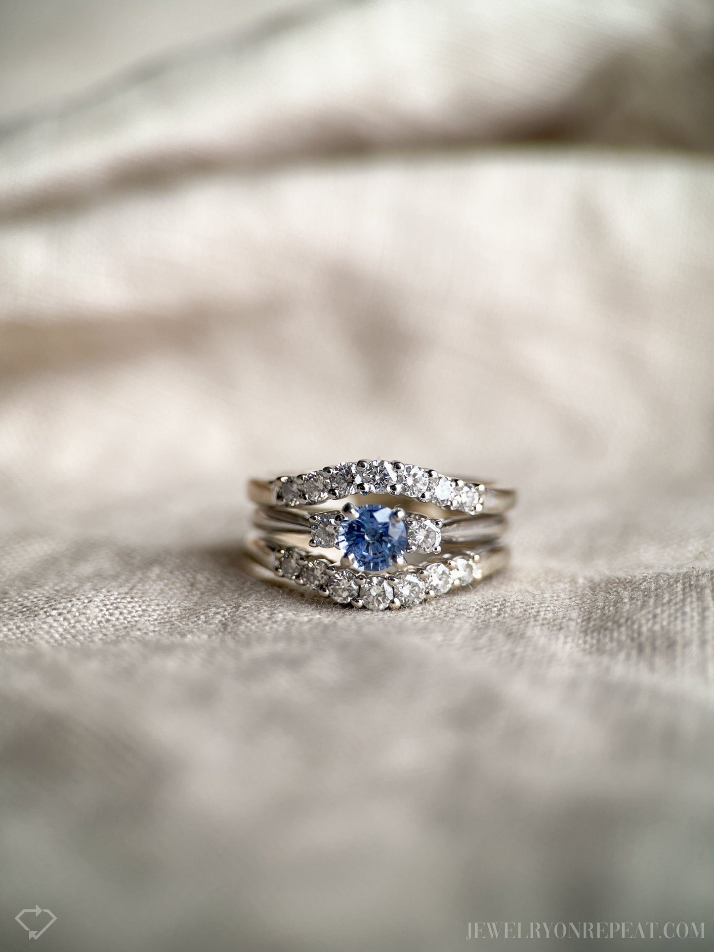 Vintage Sapphire & Diamond Engagement Ring, Round Cut, 14k White Gold, 1990s Three-Stone Bridal Set