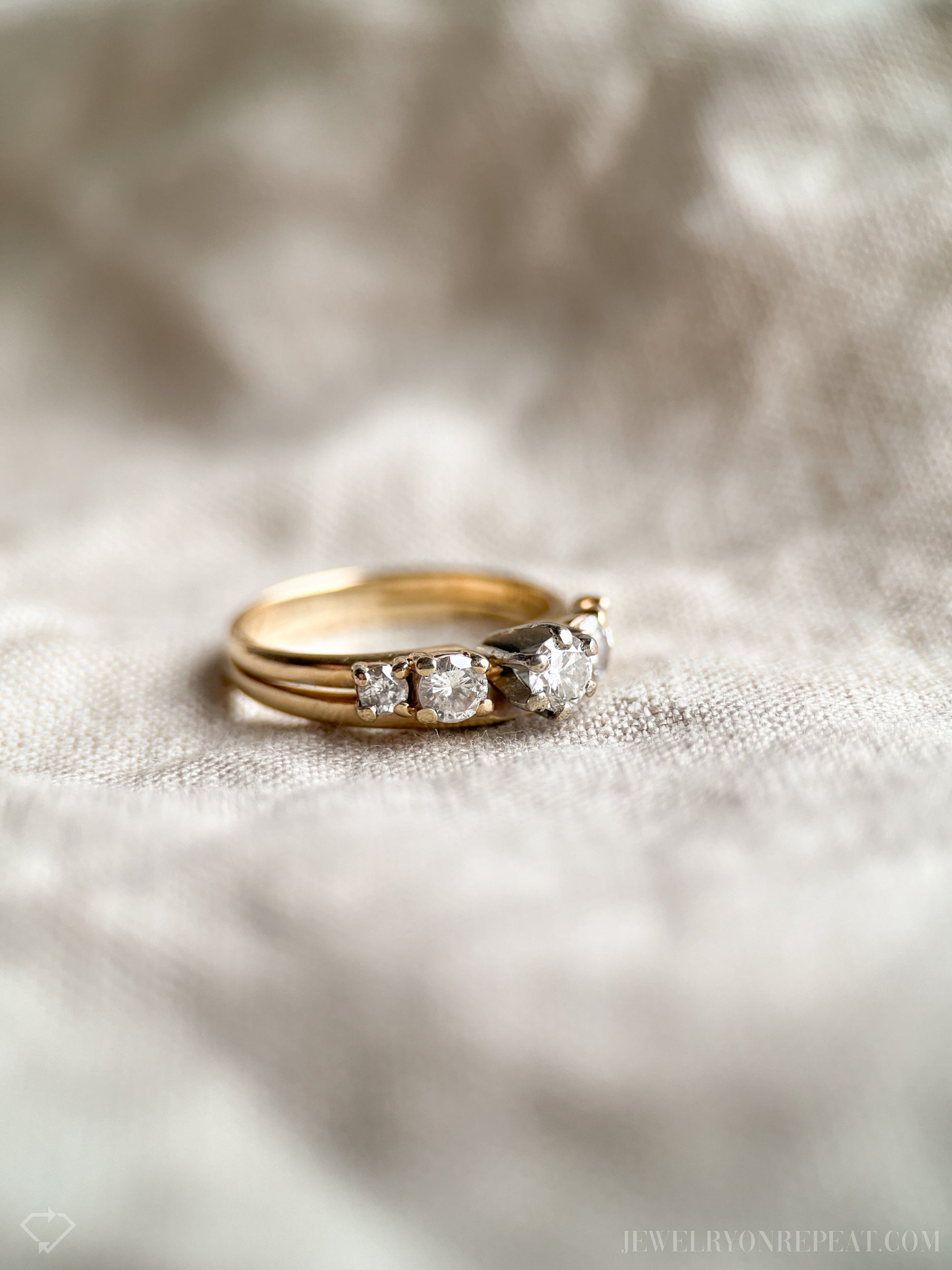 Vintage Diamond Engagement Ring, Round Cut, 14k Gold, Interlocking Wrap Style Bridal Set