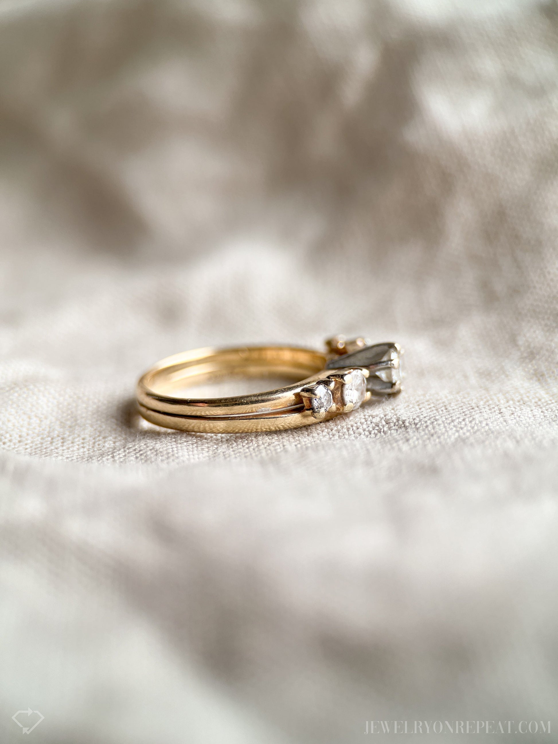 Vintage Diamond Engagement Ring, Round Cut, 14k Gold, Interlocking Wrap Style Bridal Set