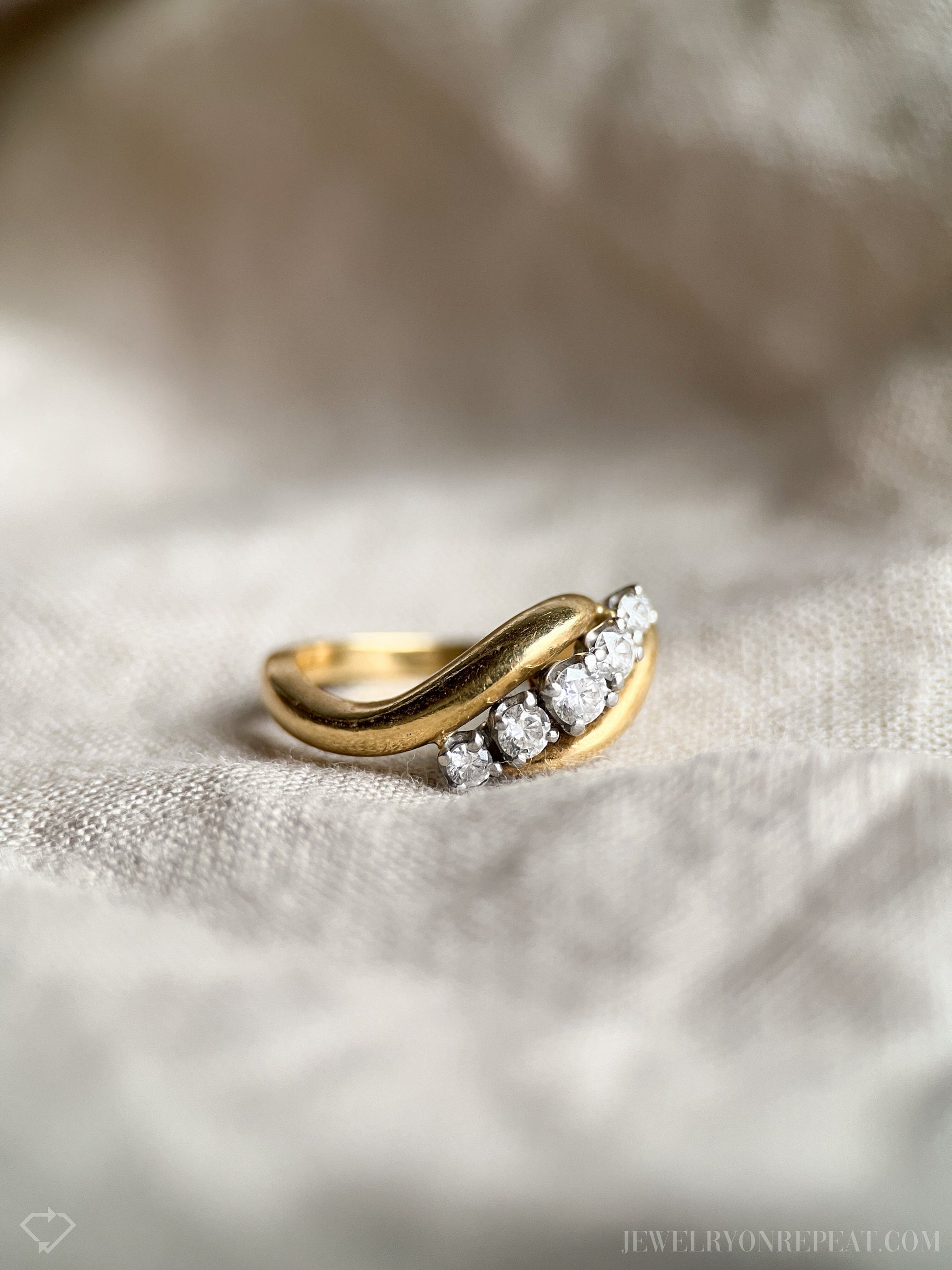 Vintage Diamond Engagement Ring, Round Cut, 18k Gold, 1990s Five-Stone Curved Bridal Ring