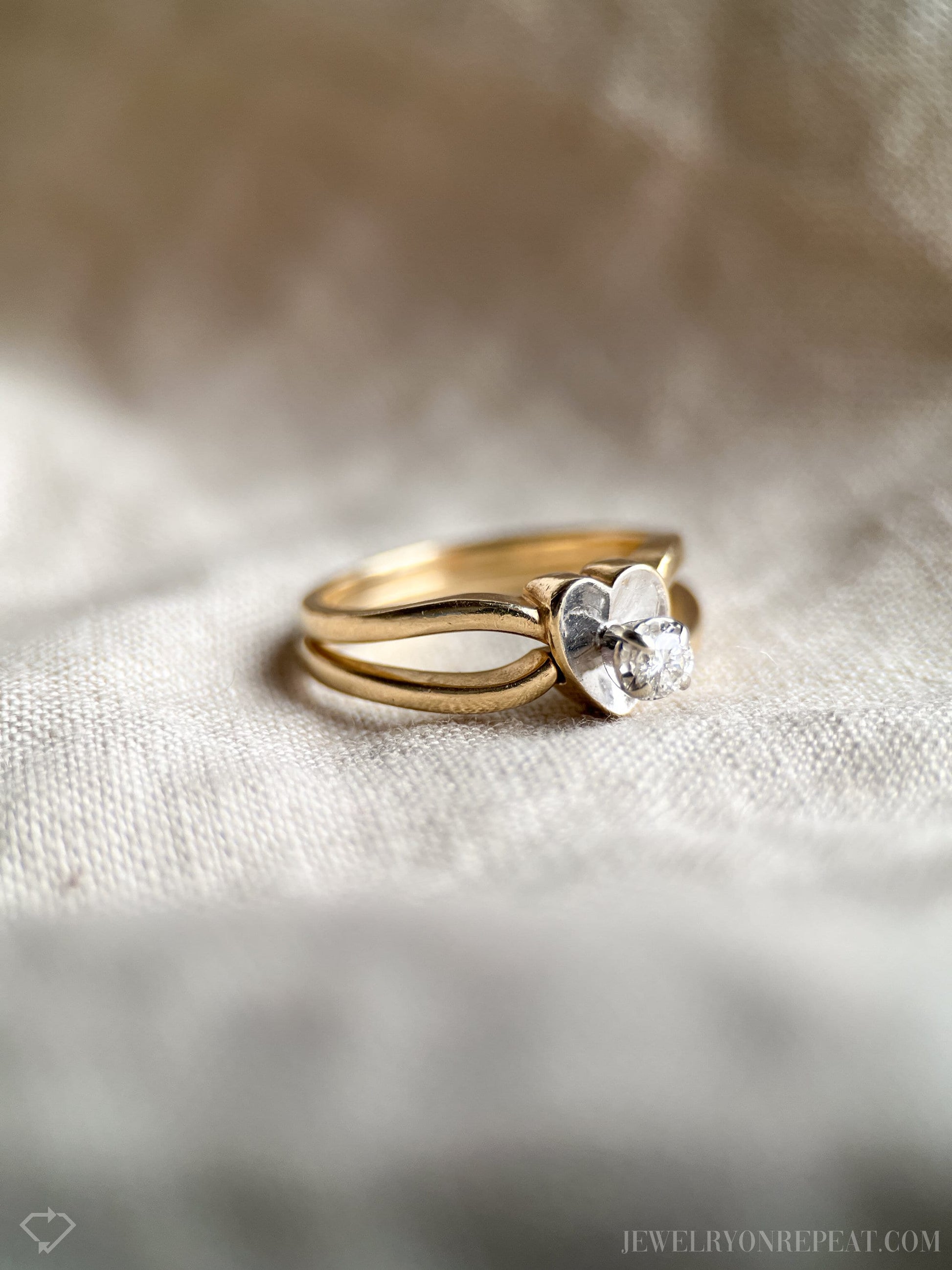 Vintage Diamond Engagement Ring, Round Cut, 14k Gold, 1970s Heart Interlocking Bridal Set