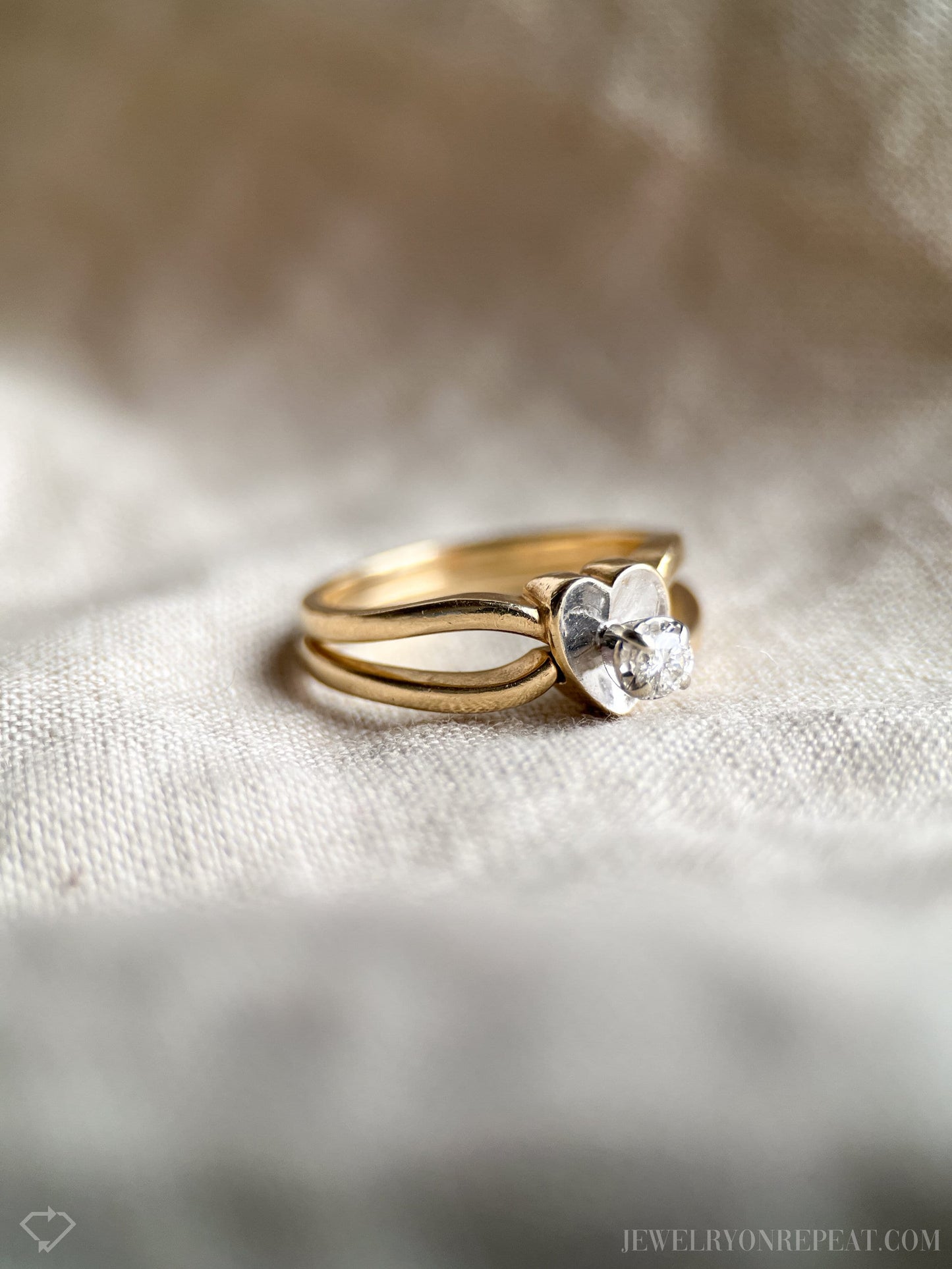 Vintage Diamond Heart Engagement Ring and Wedding Band Set in 14k Gold