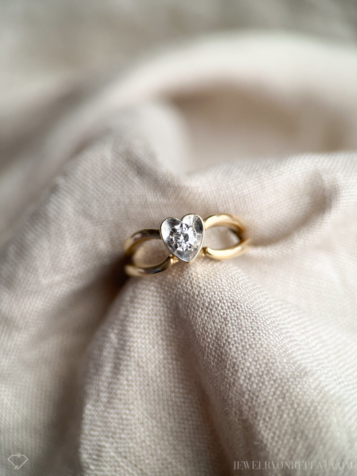 Vintage Diamond Heart Engagement Ring and Wedding Band Set in 14k Gold