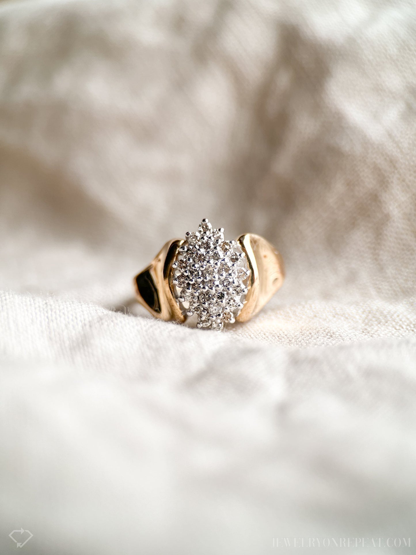 Vintage Diamond Engagement Ring, Marquise Shaped, 14k Gold, 1980s Cluster Bridal Ring