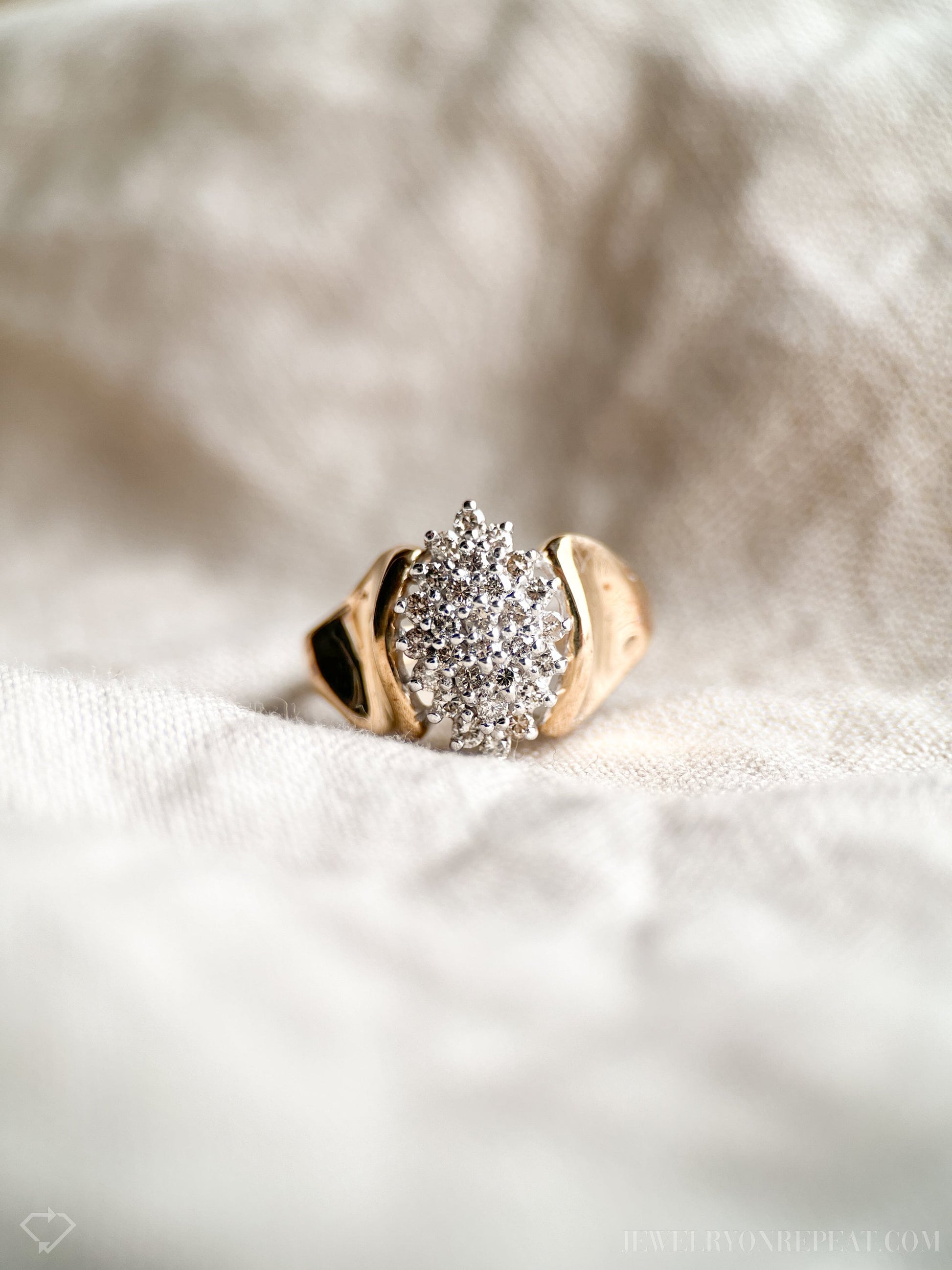 Vintage Diamond Engagement Ring, Marquise Shaped, 14k Gold, 1980s Cluster Bridal Ring