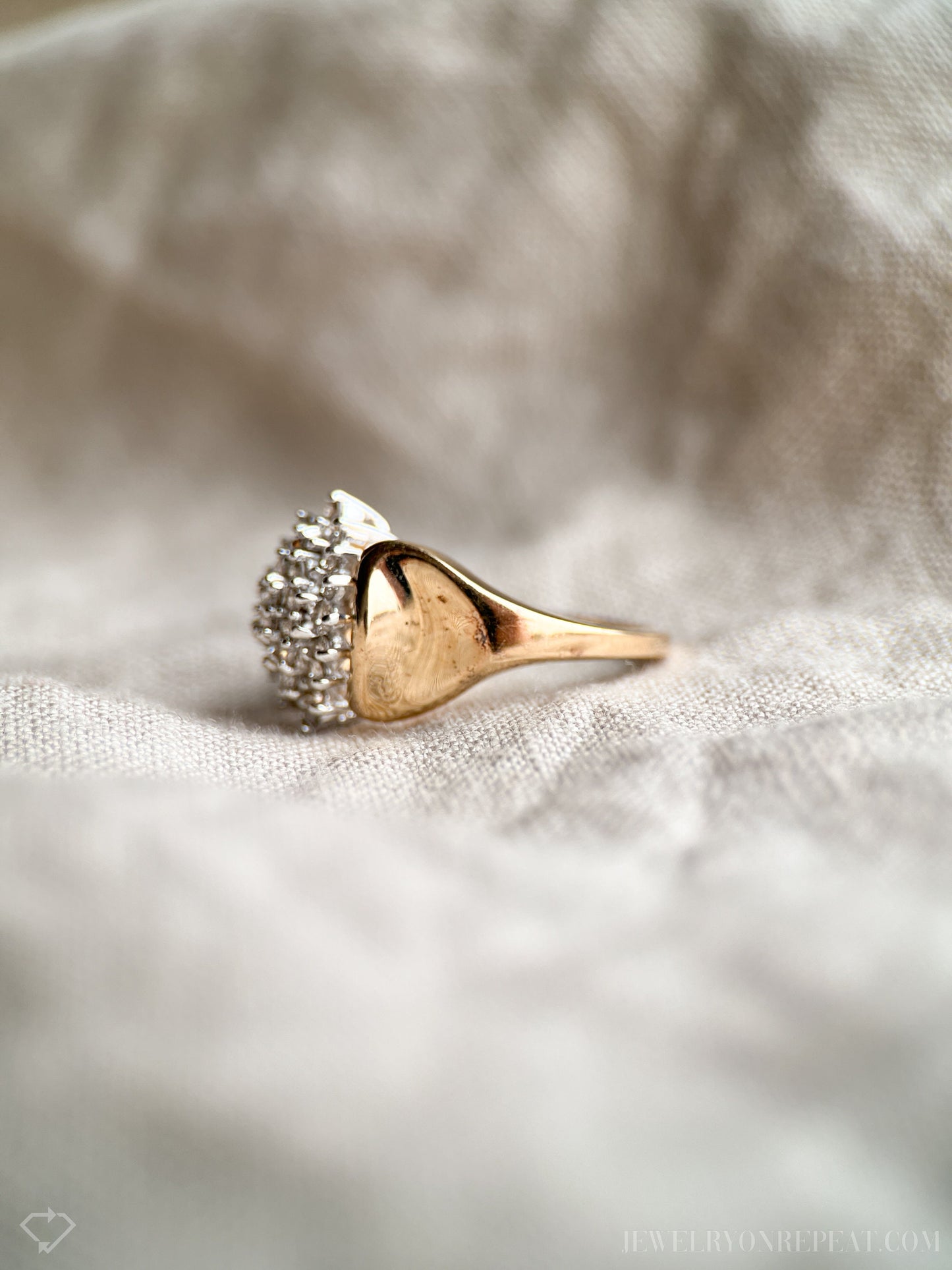 Vintage Diamond Engagement Ring, Marquise Shaped, 14k Gold, 1980s Cluster Bridal Ring
