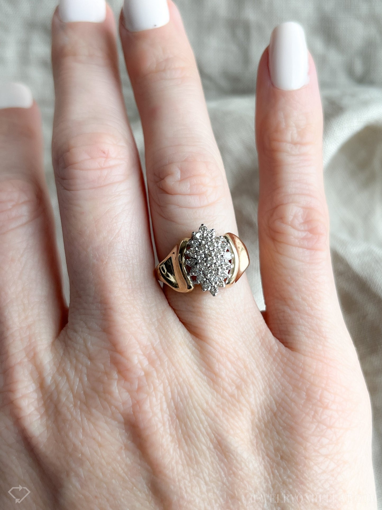 Vintage Diamond Engagement Ring, Marquise Shaped, 14k Gold, 1980s Cluster Bridal Ring