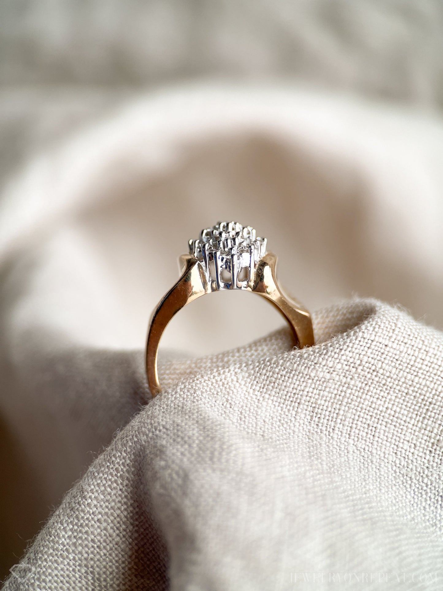 Vintage Diamond Engagement Ring, Marquise Shaped, 14k Gold, 1980s Cluster Bridal Ring