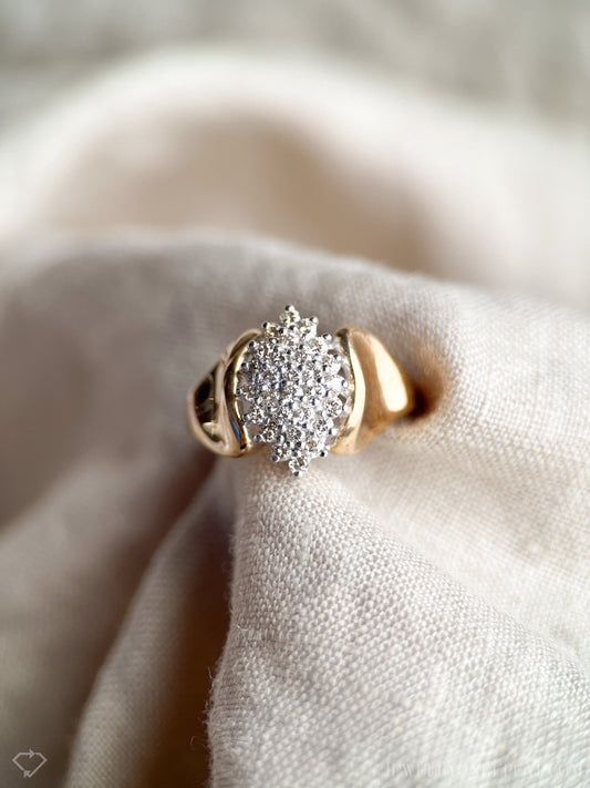 Vintage Diamond Engagement Ring, Marquise Shaped, 14k Gold, 1980s Cluster Bridal Ring
