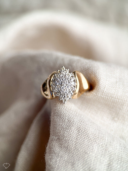 Vintage Diamond Engagement Ring, Marquise Shaped, 14k Gold, 1980s Cluster Bridal Ring