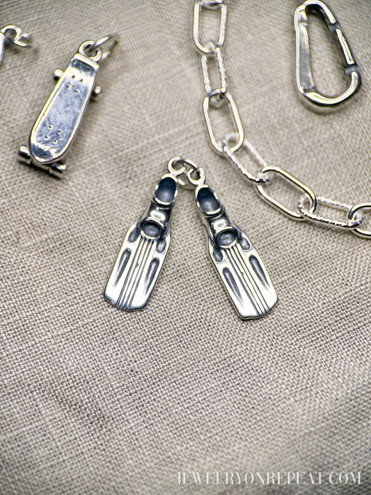 Sterling Silver Swim Fins Charm Pendant, Swimming & Diving Themed Minimalist Jewelry, Gift for Her