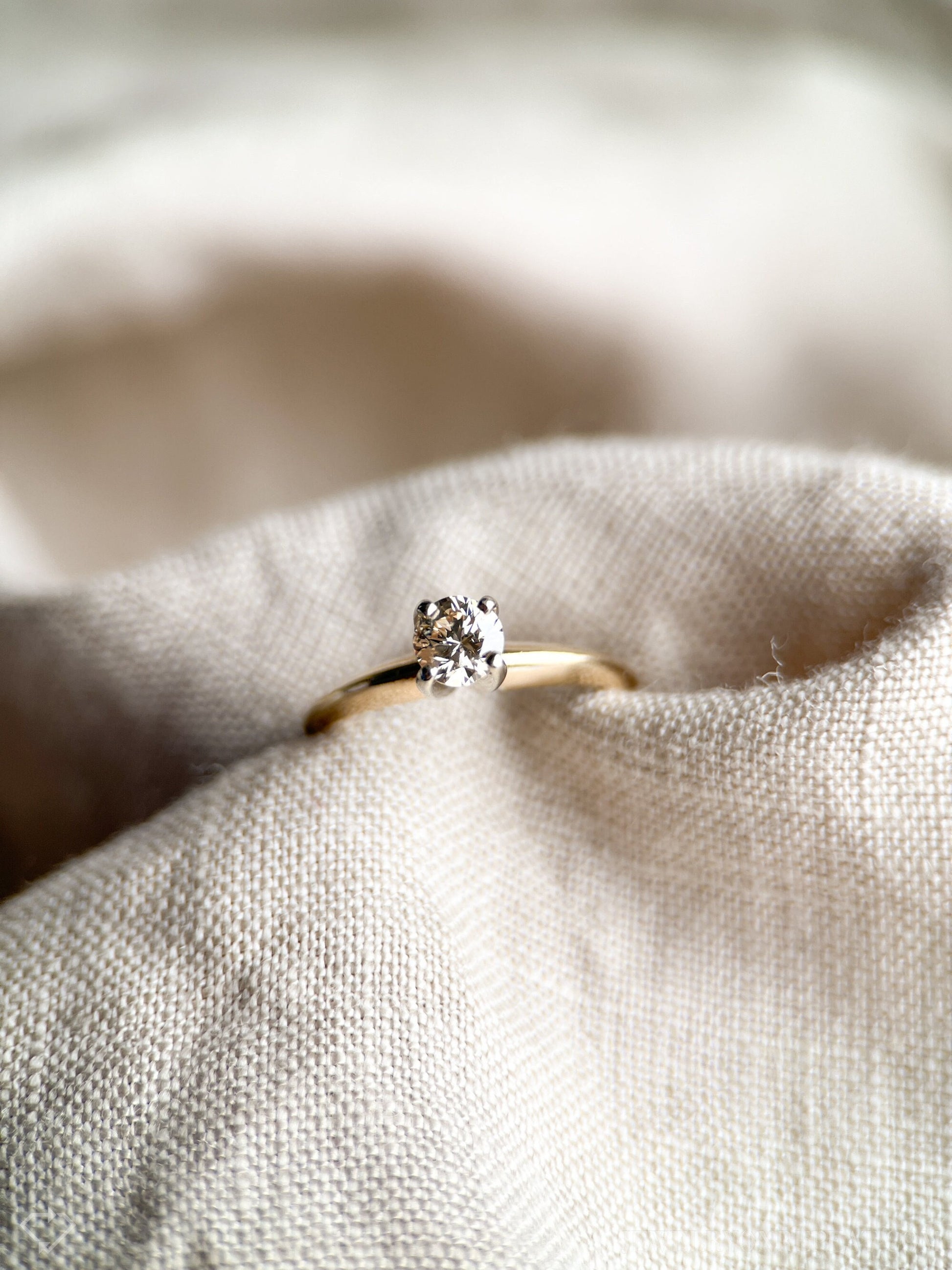 Vintage Diamond Engagement Ring, Round Cut, 14k Gold, 1990s Solitaire Champagne Bridal Ring