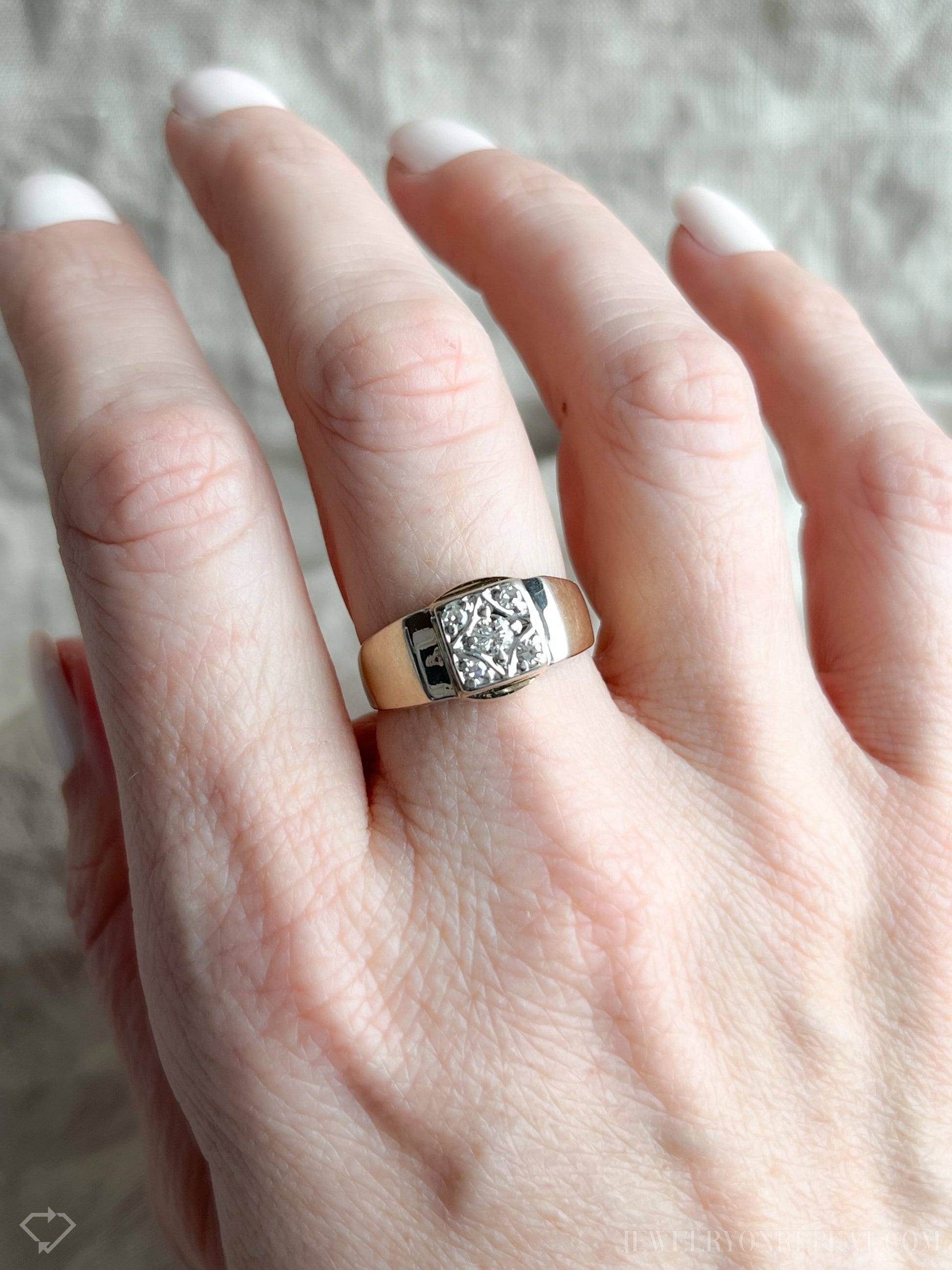 Vintage Diamond Engagement Ring, Round Cut, 14k Gold, 1950s Art Deco Signet Wedding Ring