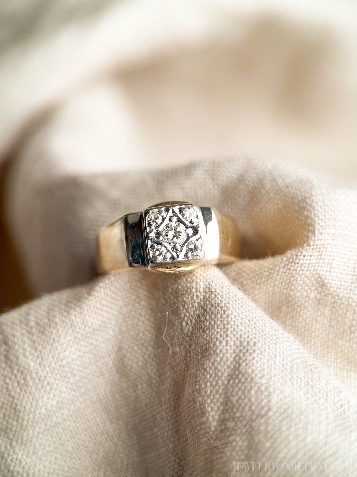 Vintage Diamond Engagement Ring, Round Cut, 14k Gold, 1950s Art Deco Signet Wedding Ring
