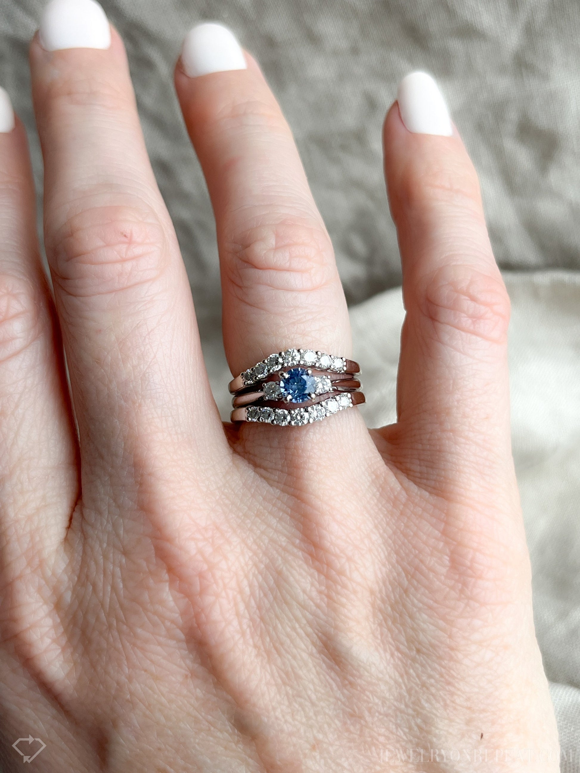 Vintage Sapphire & Diamond Engagement Ring, Round Cut, 14k White Gold, 1990s Three-Stone Bridal Set