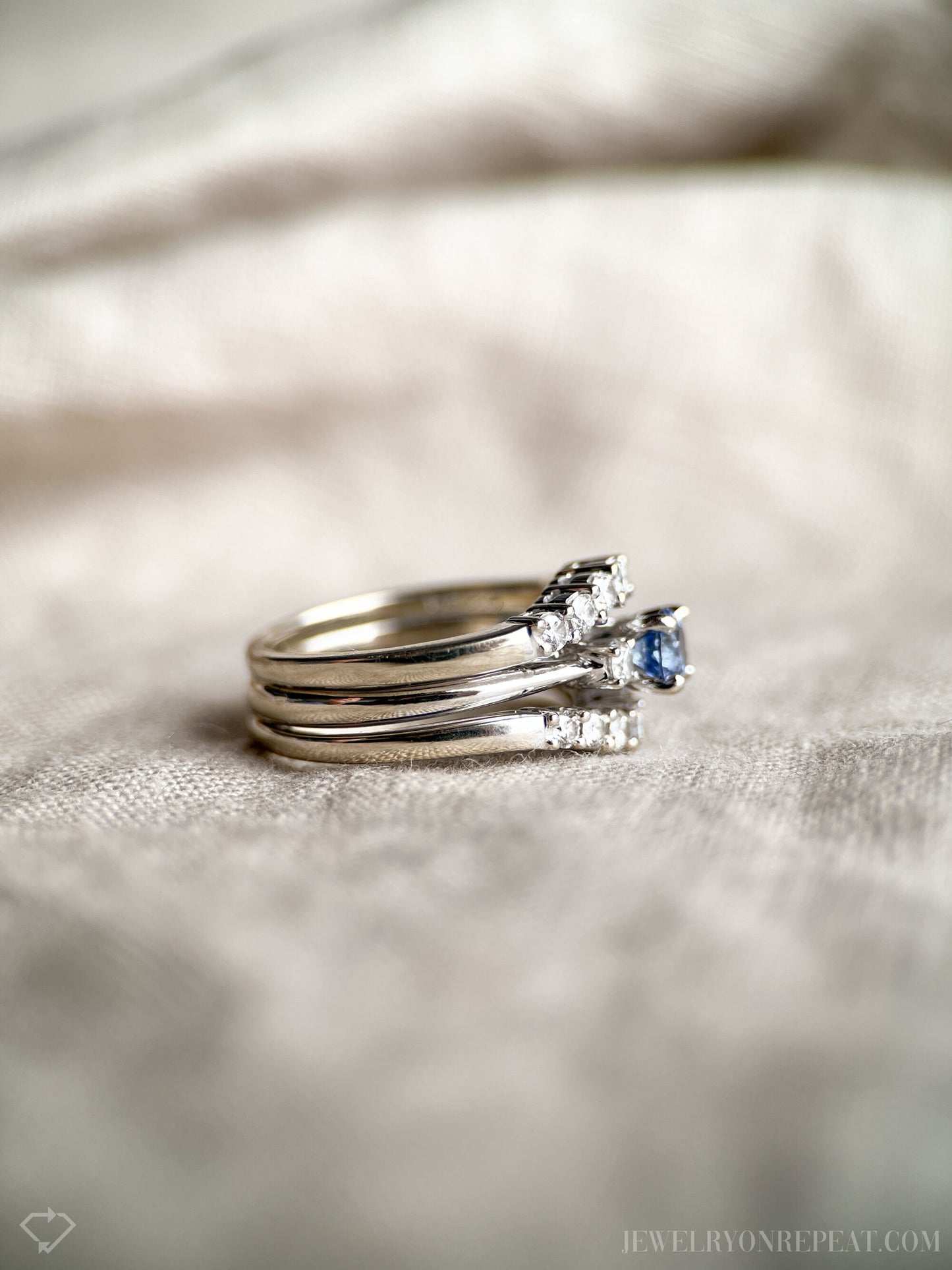 Vintage Sapphire & Diamond Engagement Ring, Round Cut, 14k White Gold, 1990s Three-Stone Bridal Set