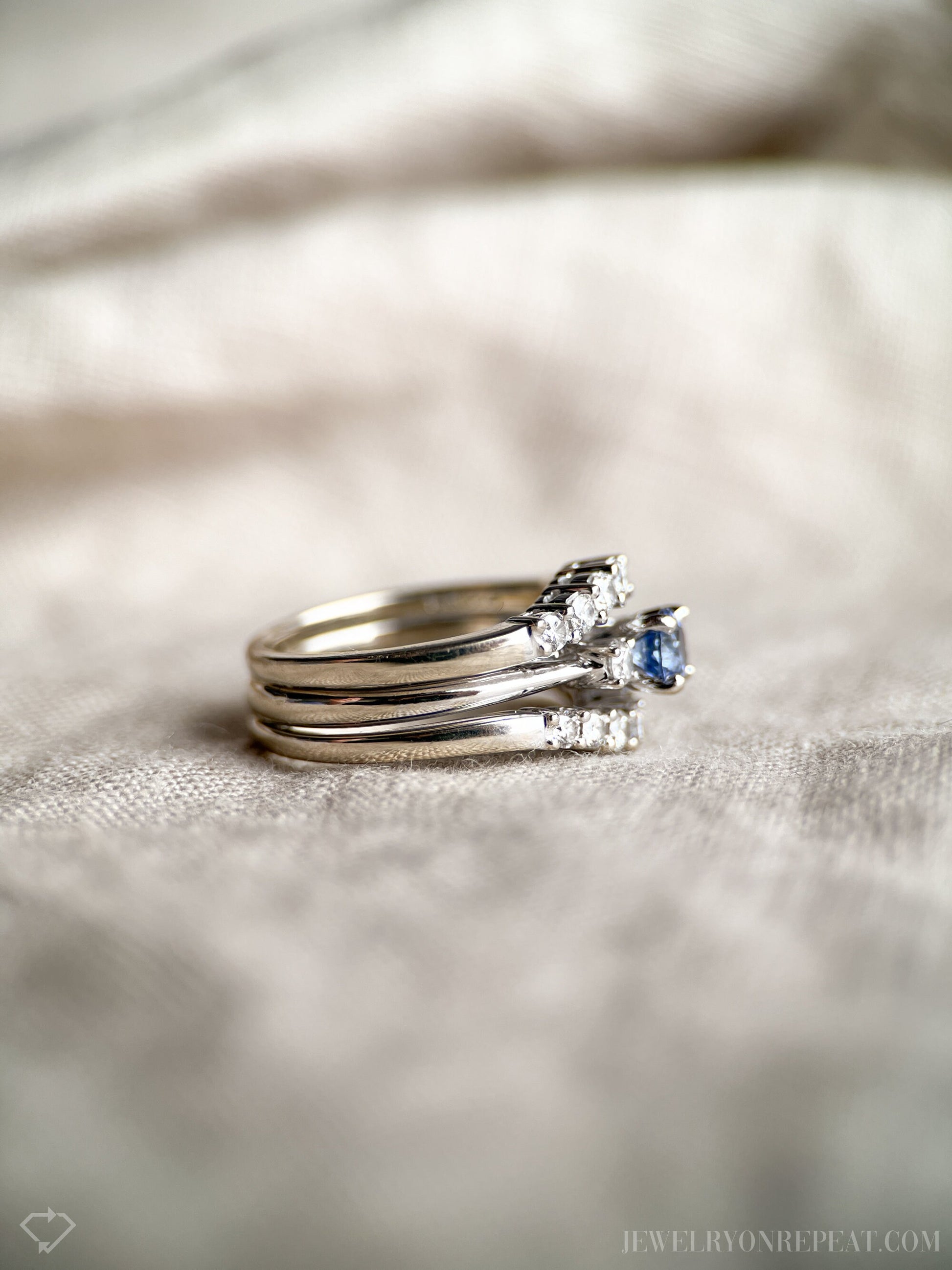 Vintage Sapphire & Diamond Engagement Ring, Round Cut, 14k White Gold, 1990s Three-Stone Bridal Set