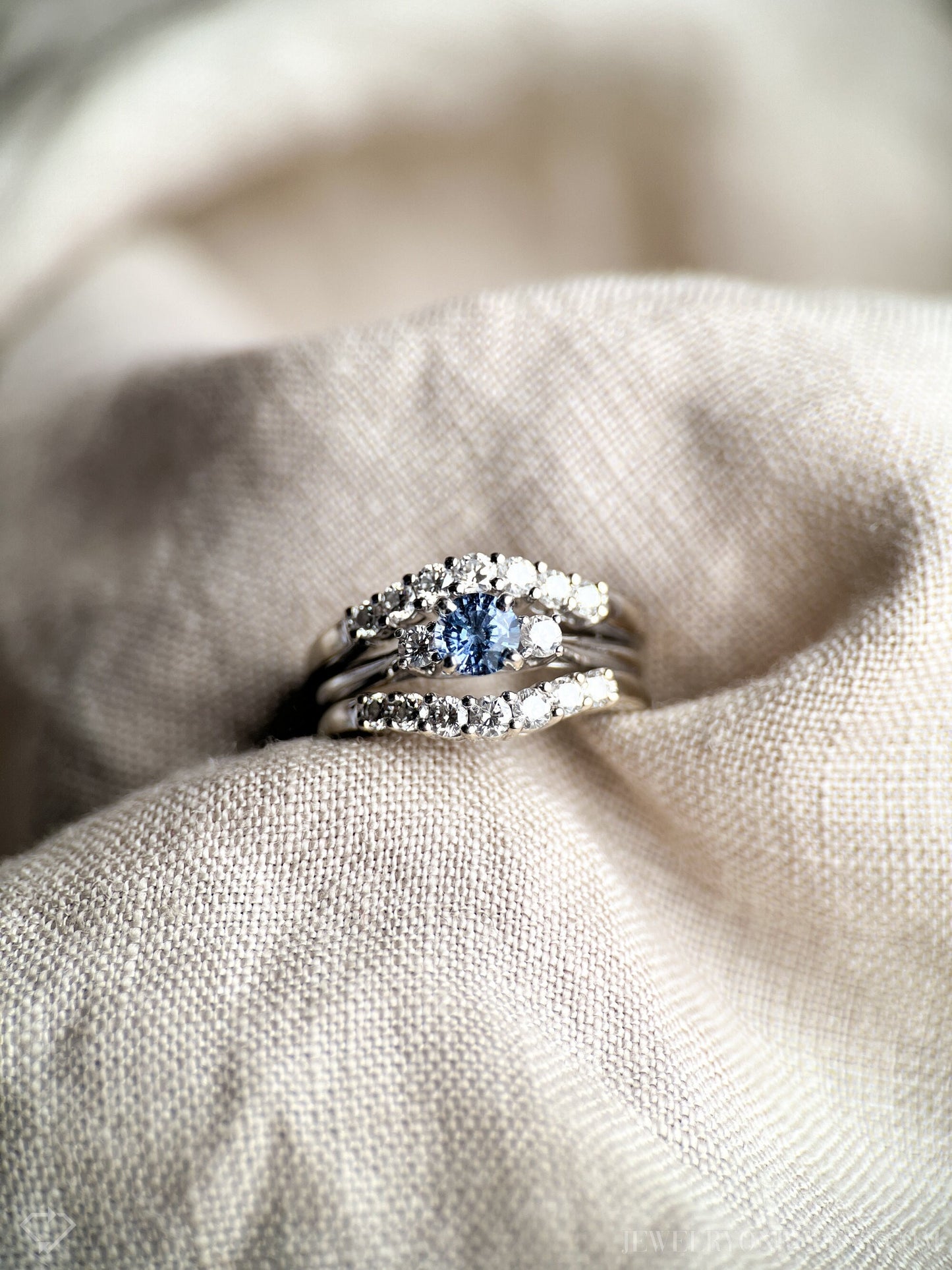 Vintage Sapphire & Diamond Engagement Ring, Round Cut, 14k White Gold, 1990s Three-Stone Bridal Set
