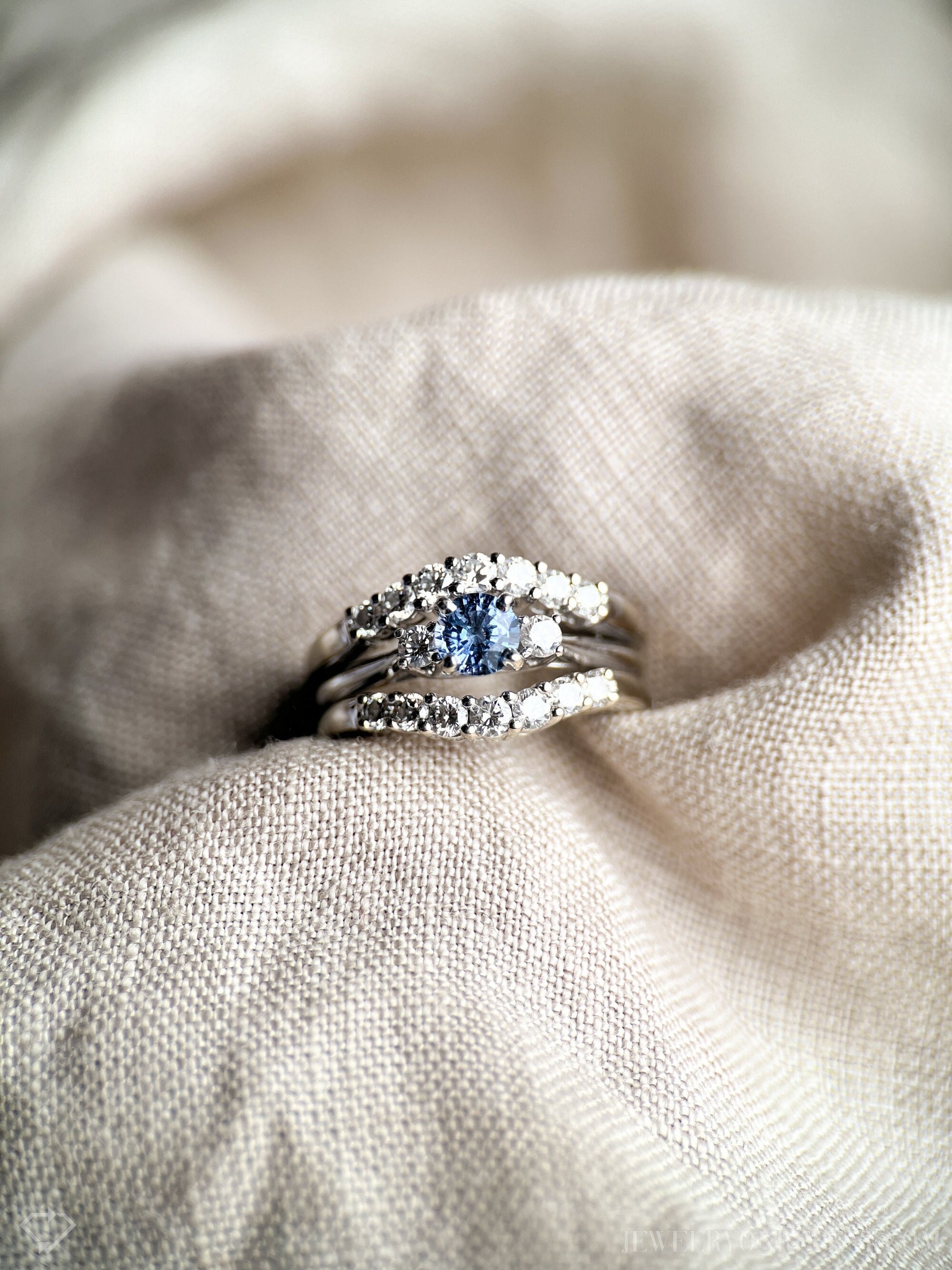 Vintage Sapphire & Diamond Engagement Ring, Round Cut, 14k White Gold, 1990s Three-Stone Bridal Set