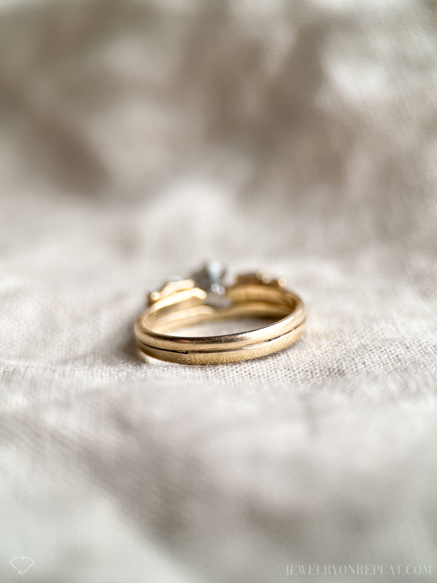 Vintage Diamond Engagement Ring, Round Cut, 14k Gold, Interlocking Wrap Style Bridal Set