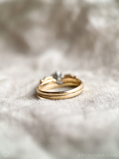 Vintage Diamond Engagement Ring, Round Cut, 14k Gold, Interlocking Wrap Style Bridal Set