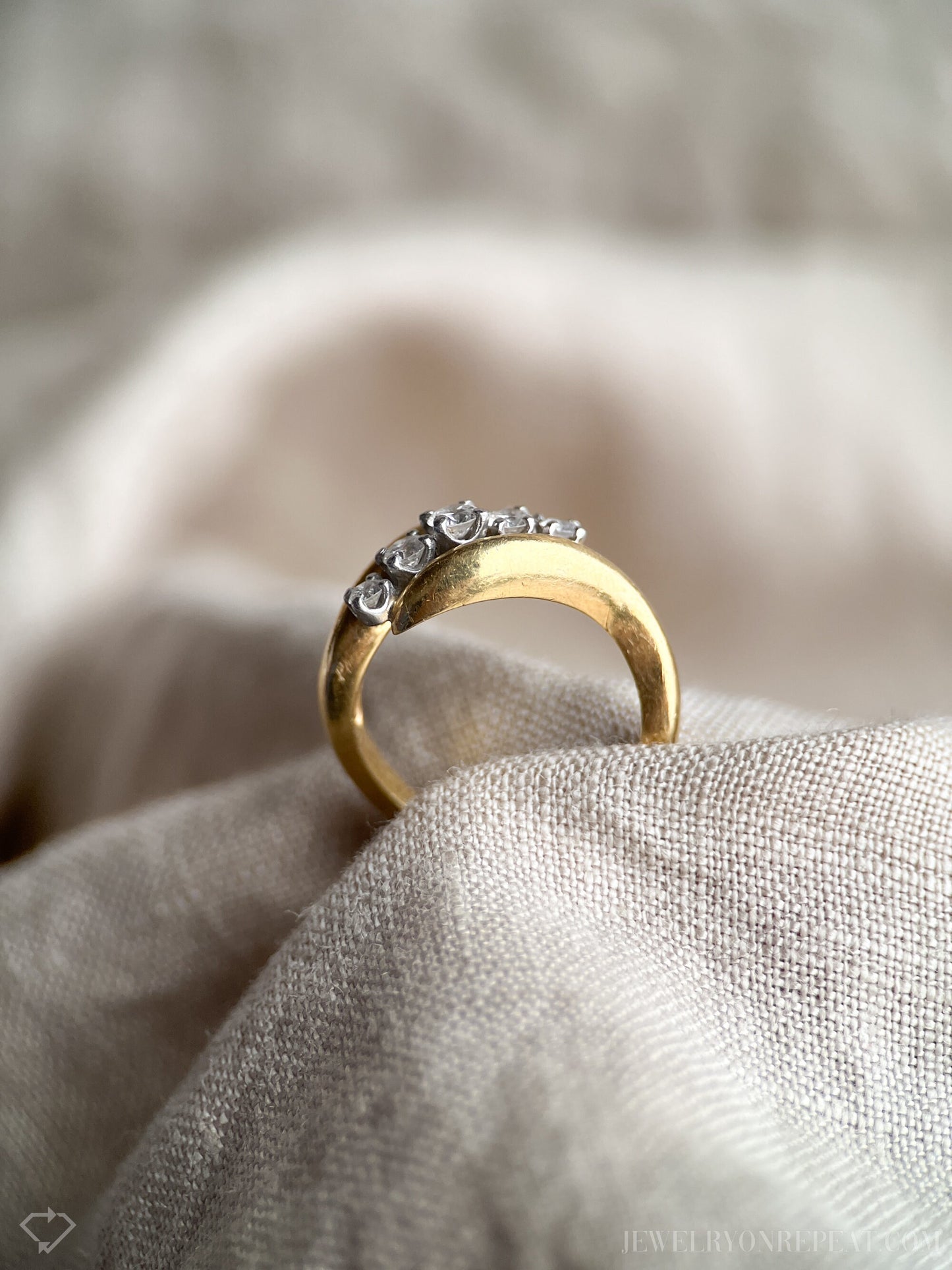 Vintage Diamond Engagement Ring, Round Cut, 18k Gold, 1990s Five-Stone Curved Bridal Ring