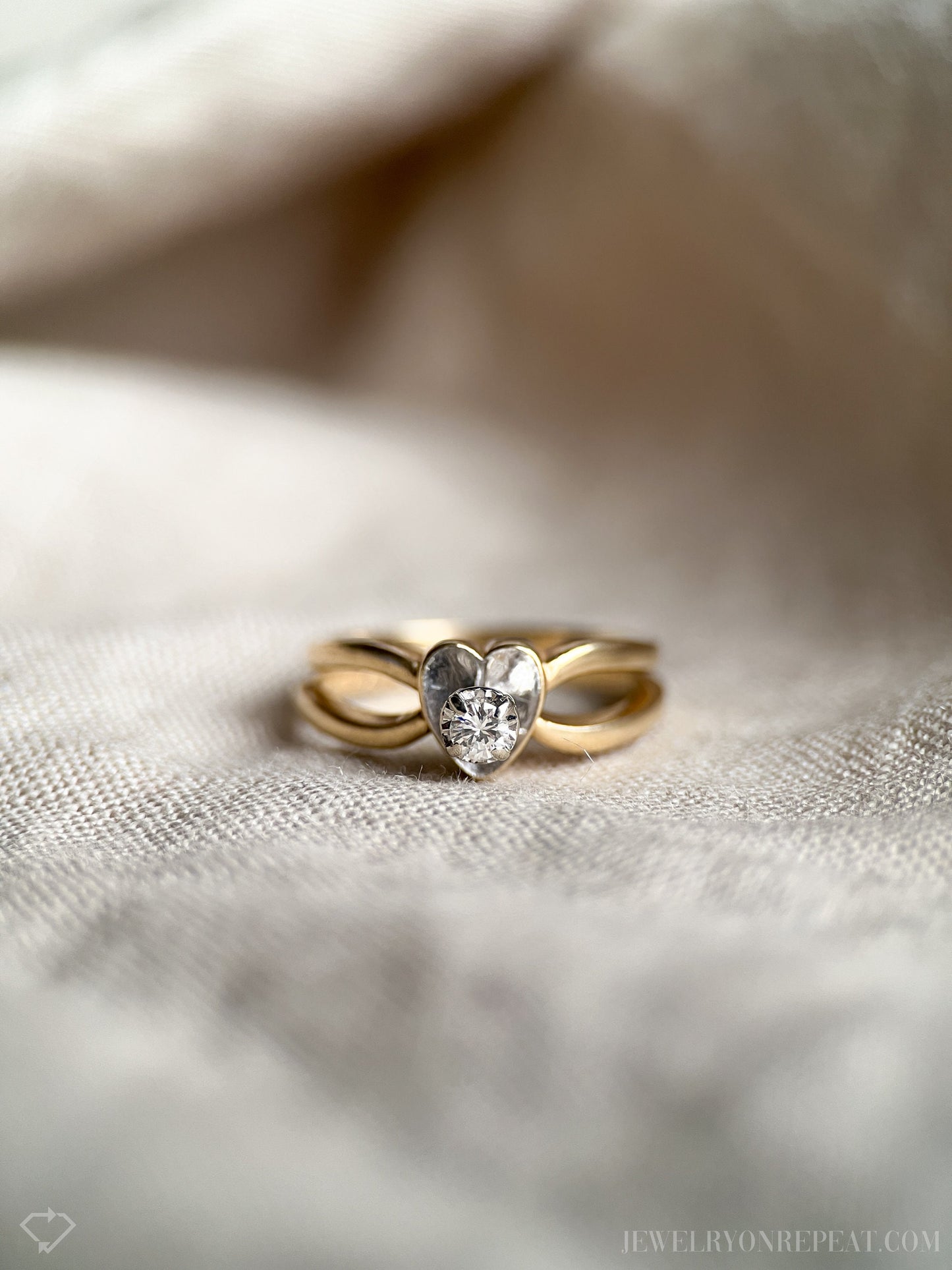 Vintage Diamond Engagement Ring, Round Cut, 14k Gold, 1970s Heart Interlocking Bridal Set