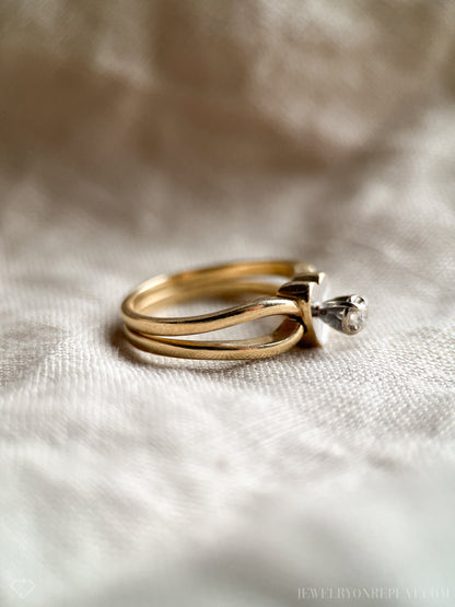 Vintage Diamond Engagement Ring, Round Cut, 14k Gold, 1970s Heart Interlocking Bridal Set