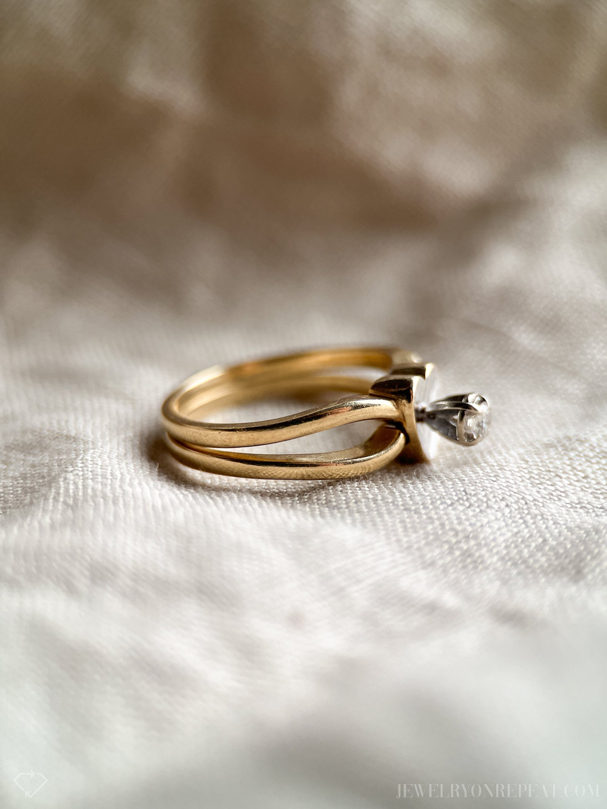 Vintage Diamond Heart Engagement Ring and Wedding Band Set in 14k Gold