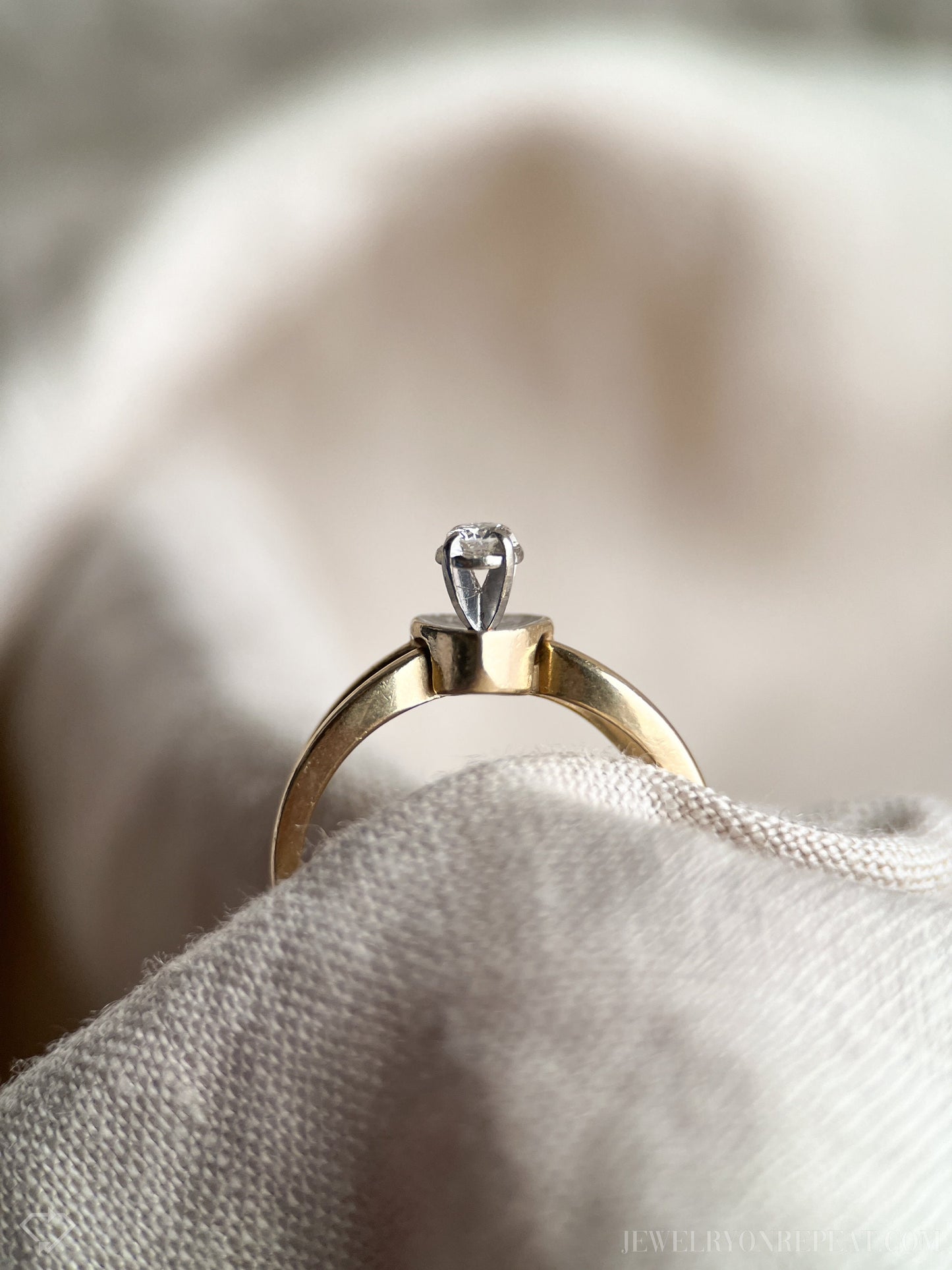 Vintage Diamond Engagement Ring, Round Cut, 14k Gold, 1970s Heart Interlocking Bridal Set