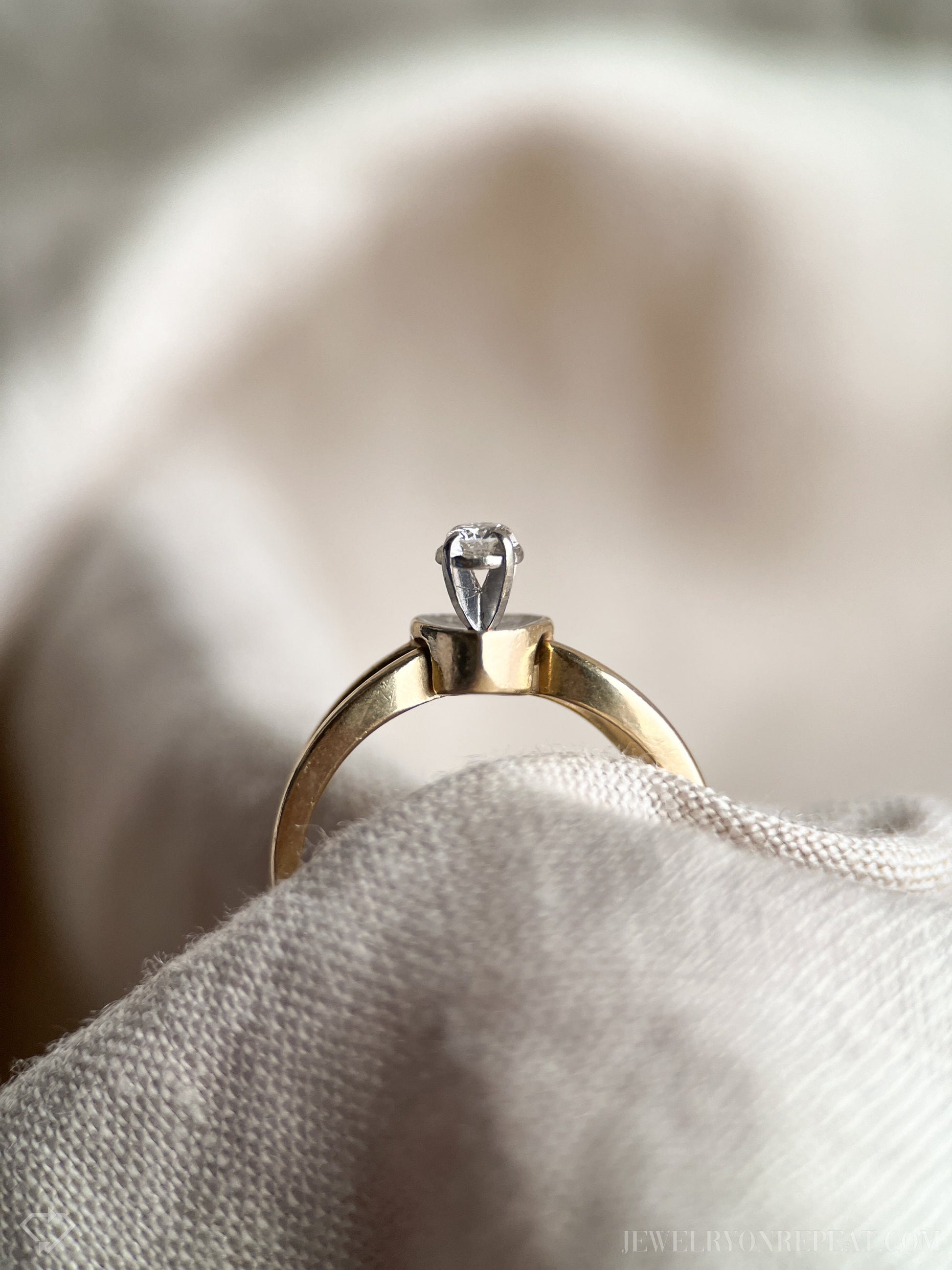 Vintage Diamond Engagement Ring, Round Cut, 14k Gold, 1970s Heart Interlocking Bridal Set
