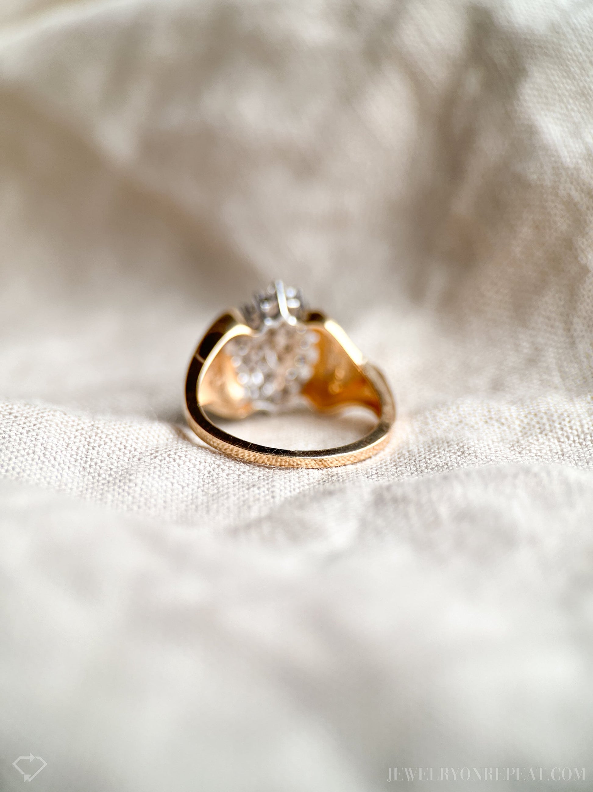 Vintage Diamond Engagement Ring, Marquise Shaped, 14k Gold, 1980s Cluster Bridal Ring